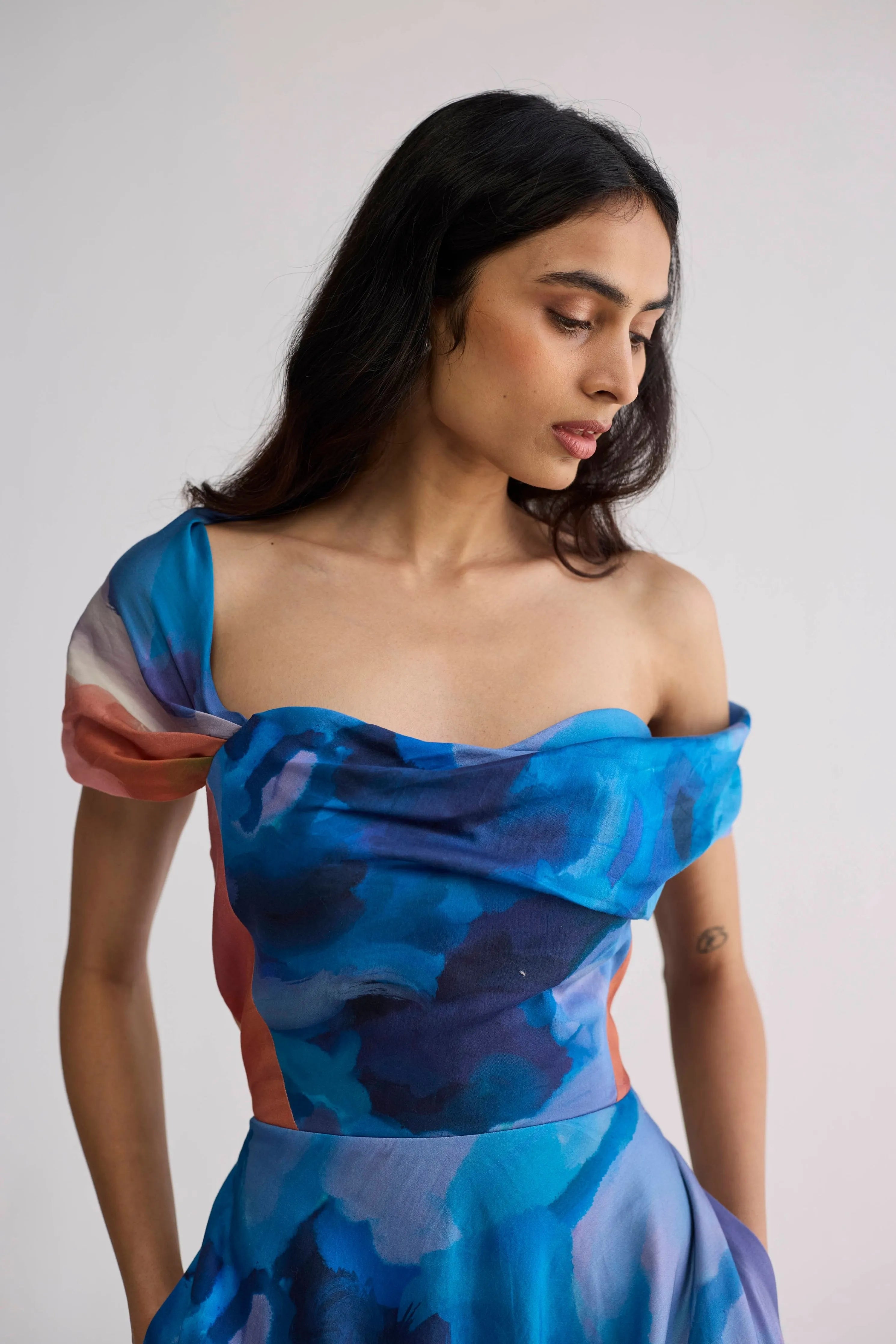 Rainbow Garden Draped Off Shoulder Dress