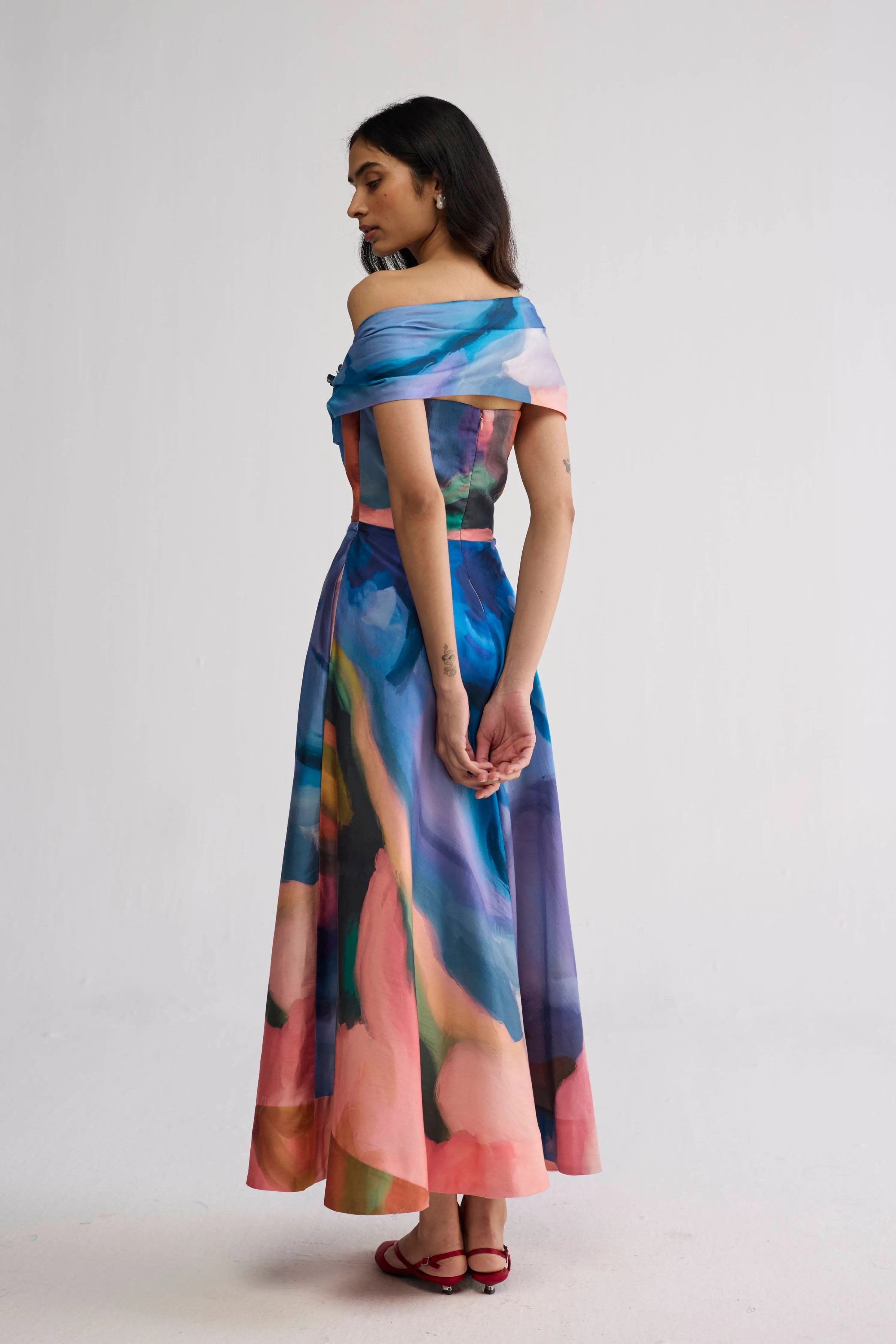 Rainbow Garden Draped Off Shoulder Dress