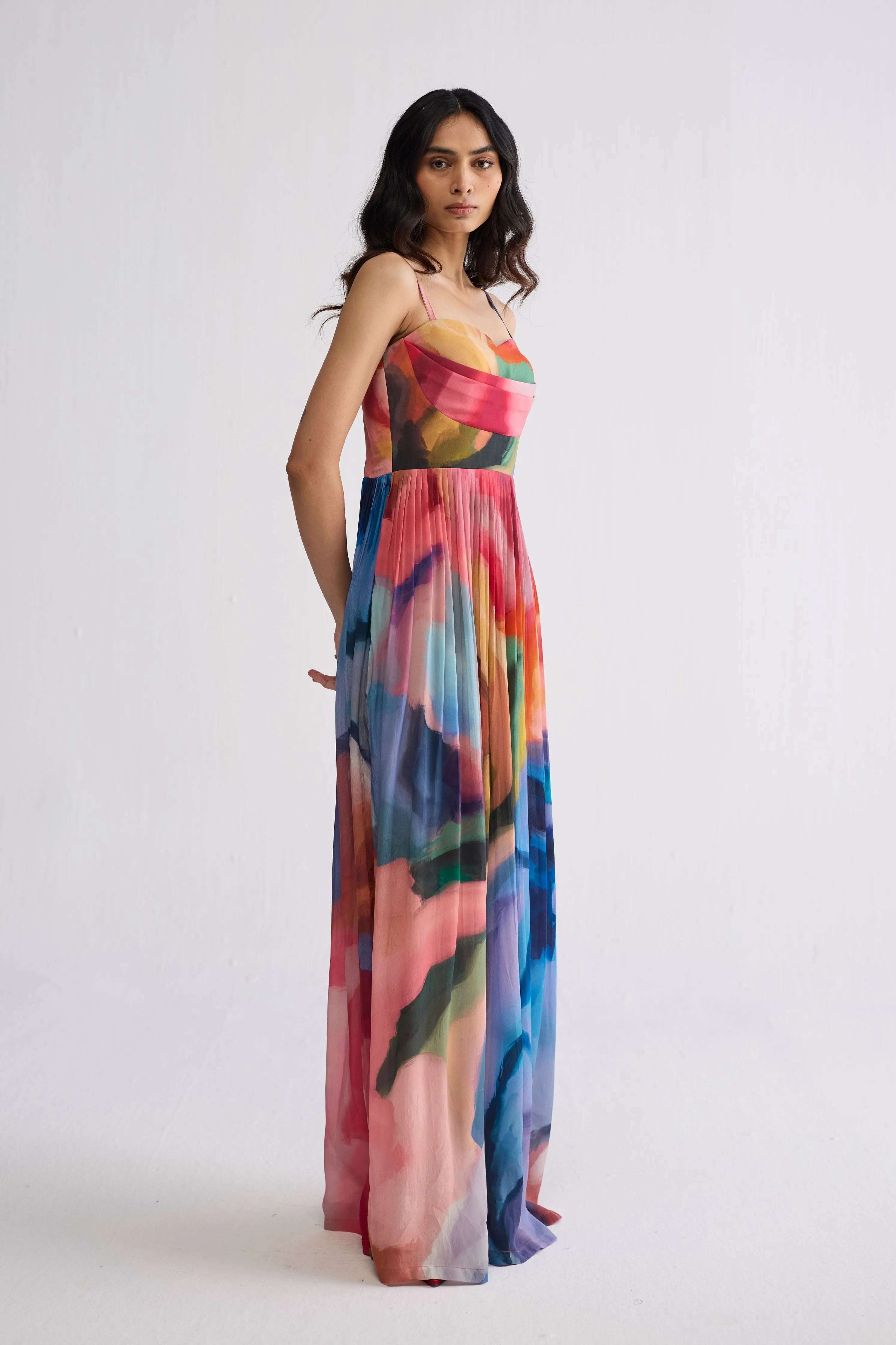 Rainbow Garden Crepe Cowl Bralette Dress