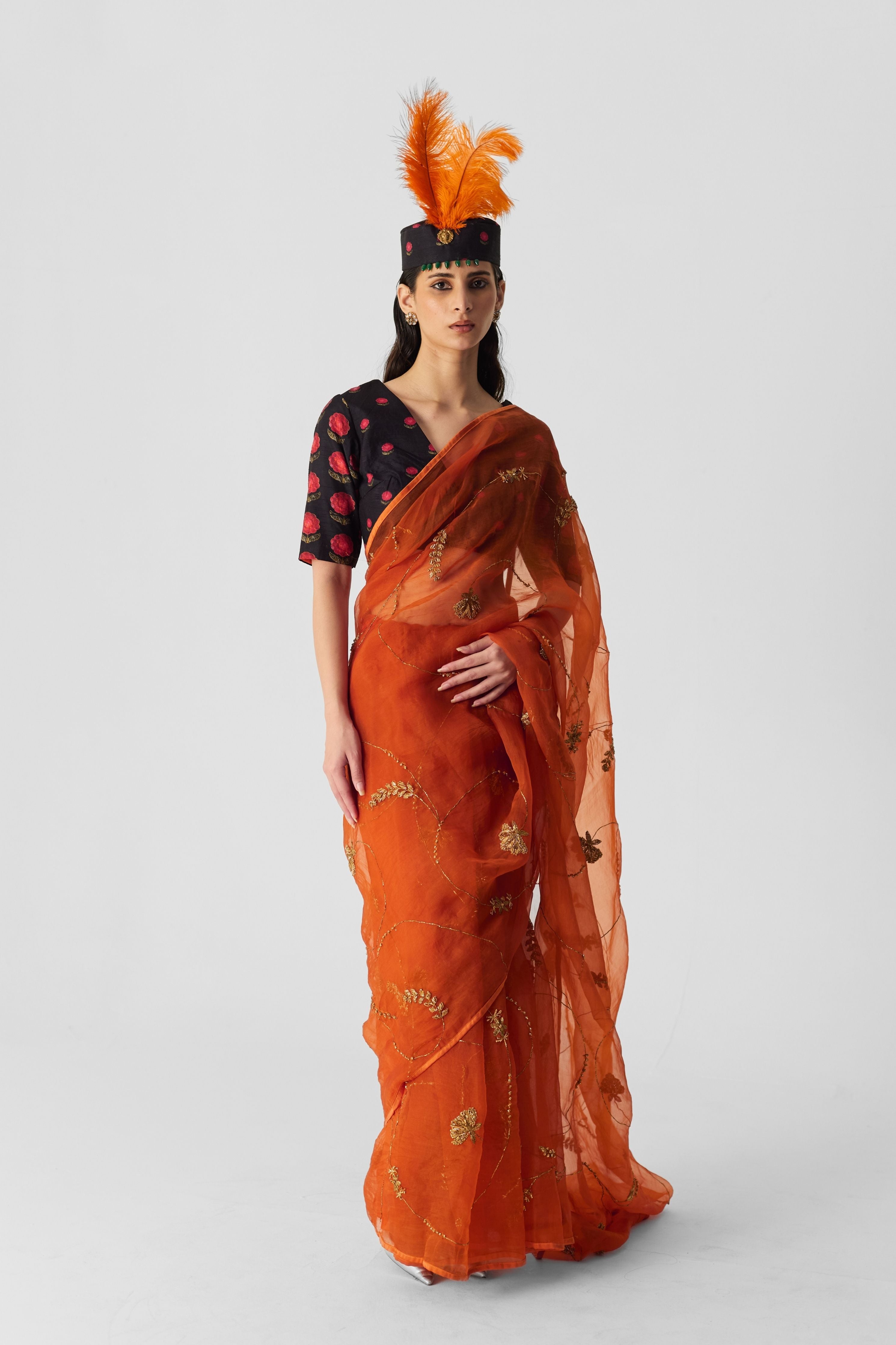 Orange Embroidered Saree
