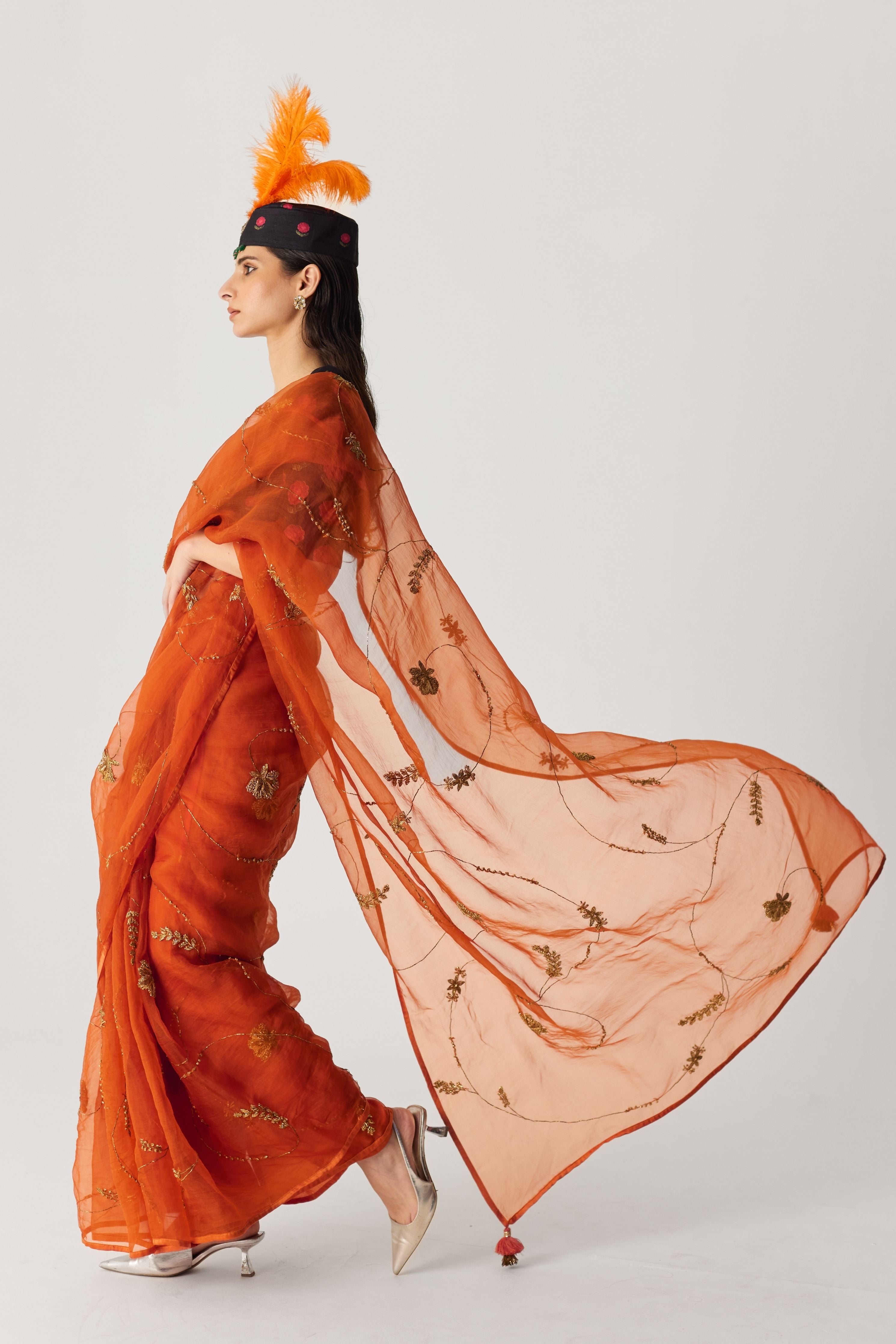 Orange Embroidered Saree