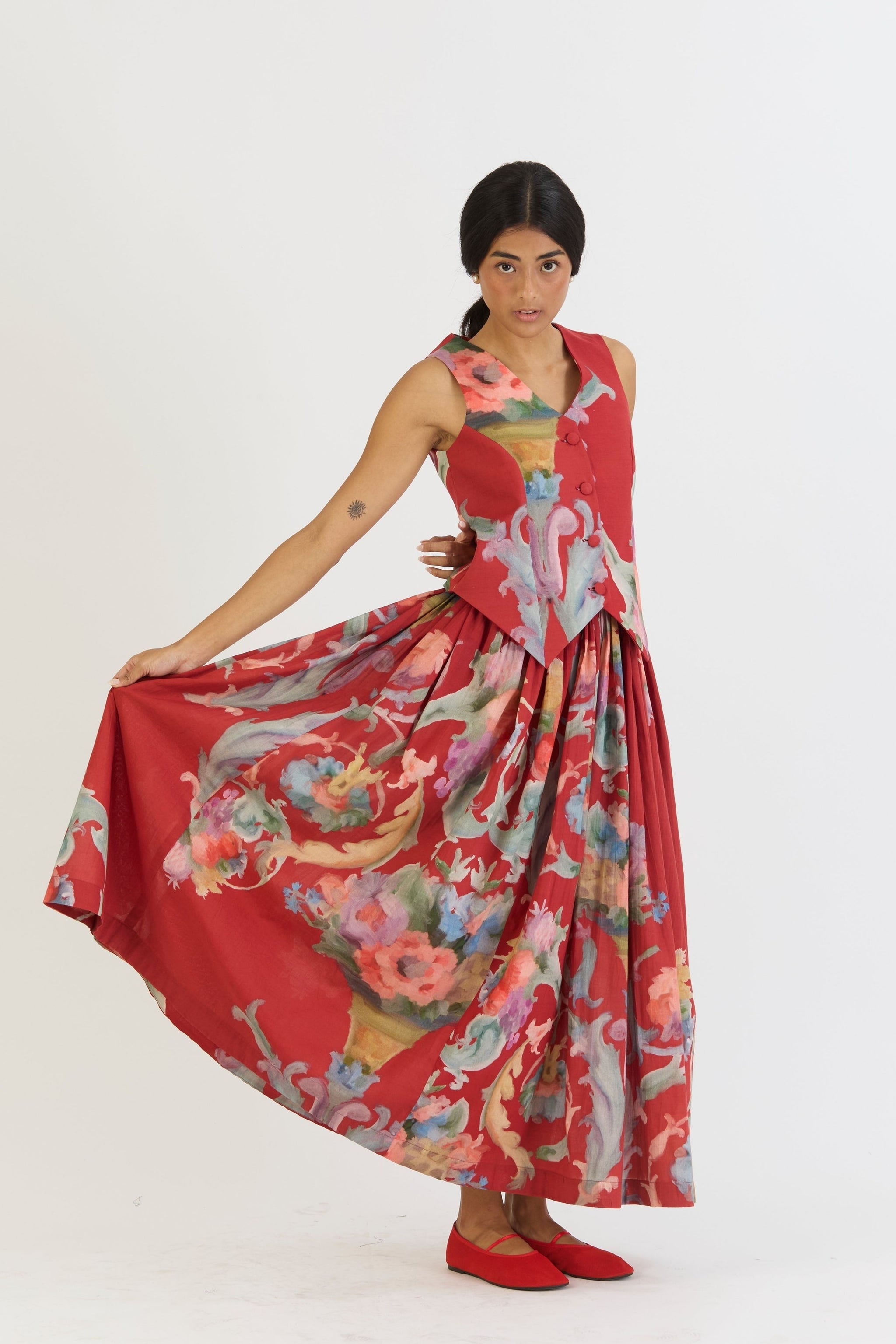 Cranberry Waistcoat And Skirt Set