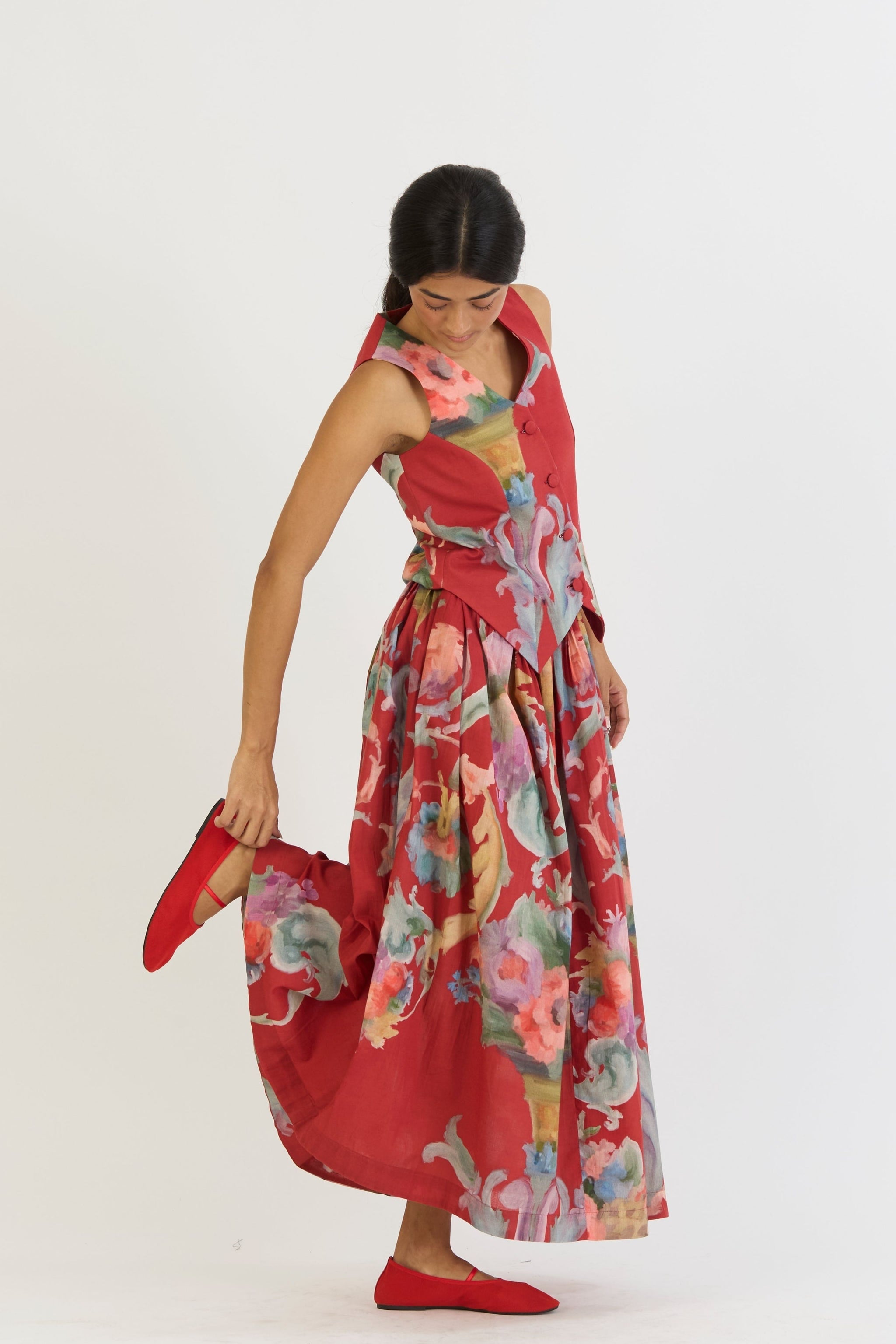 Cranberry Waistcoat And Skirt Set