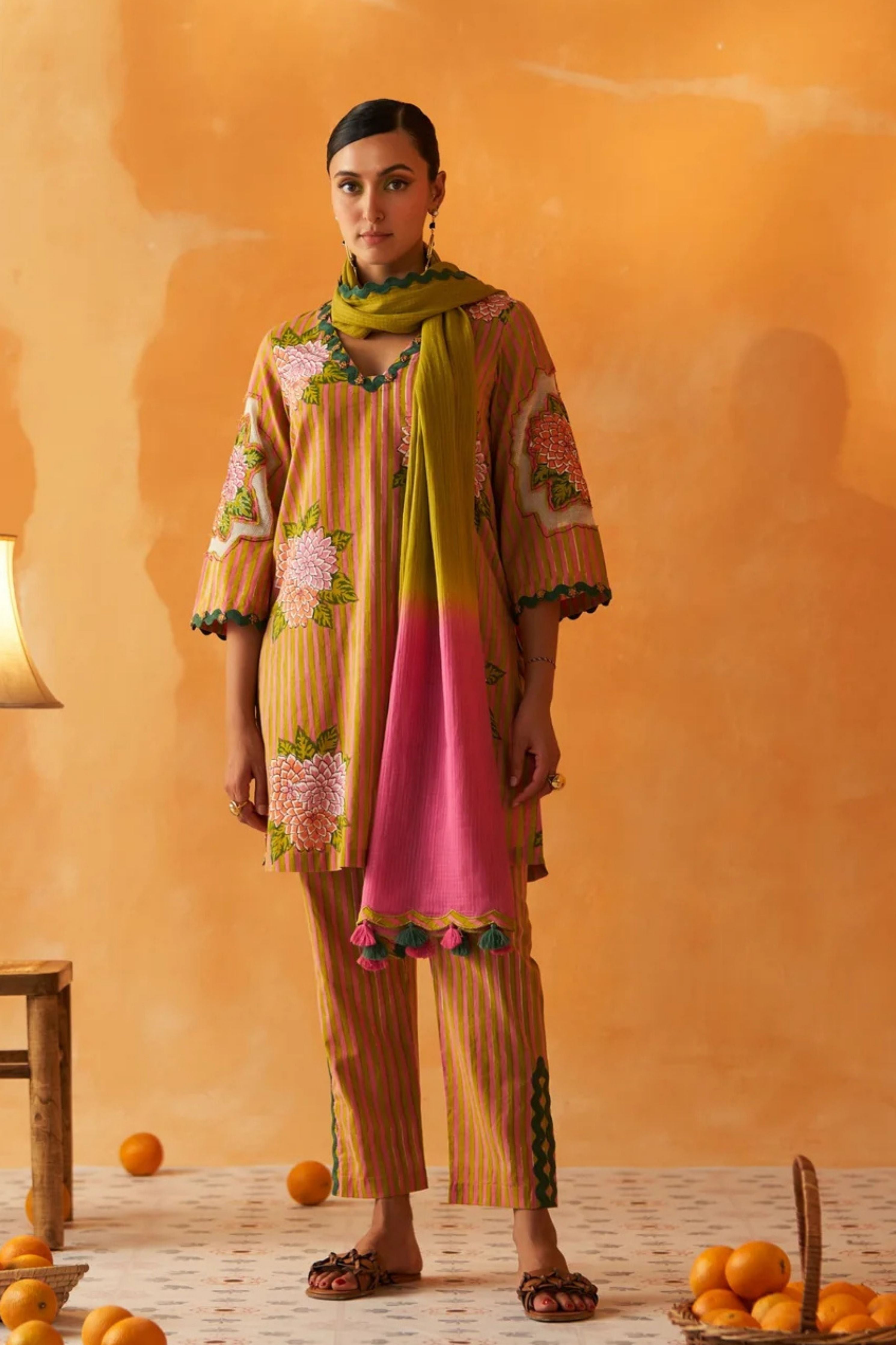 Yamini Pink& Lime Green Striped V-Neck Kurta Set
