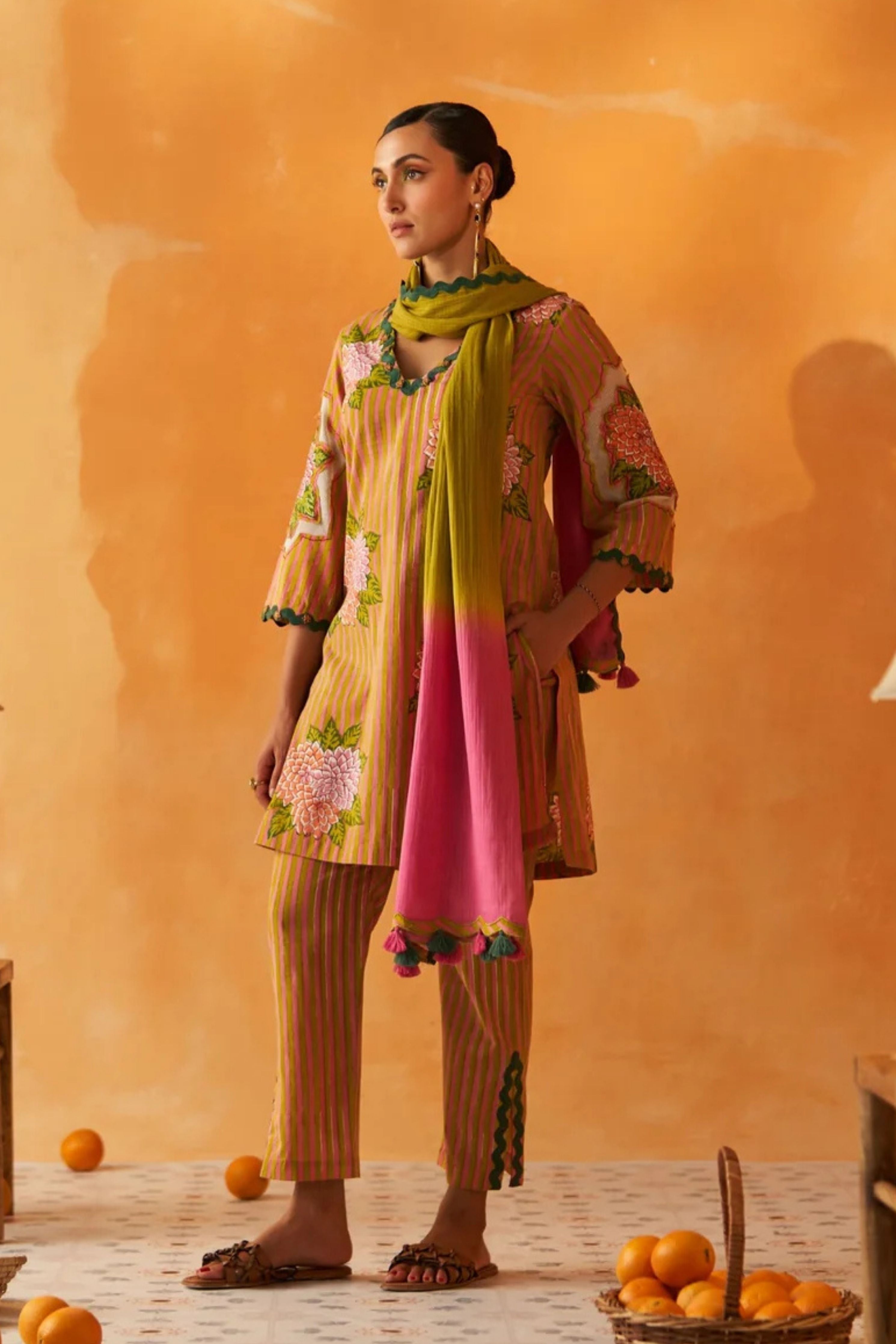 Yamini Pink& Lime Green Striped V-Neck Kurta Set