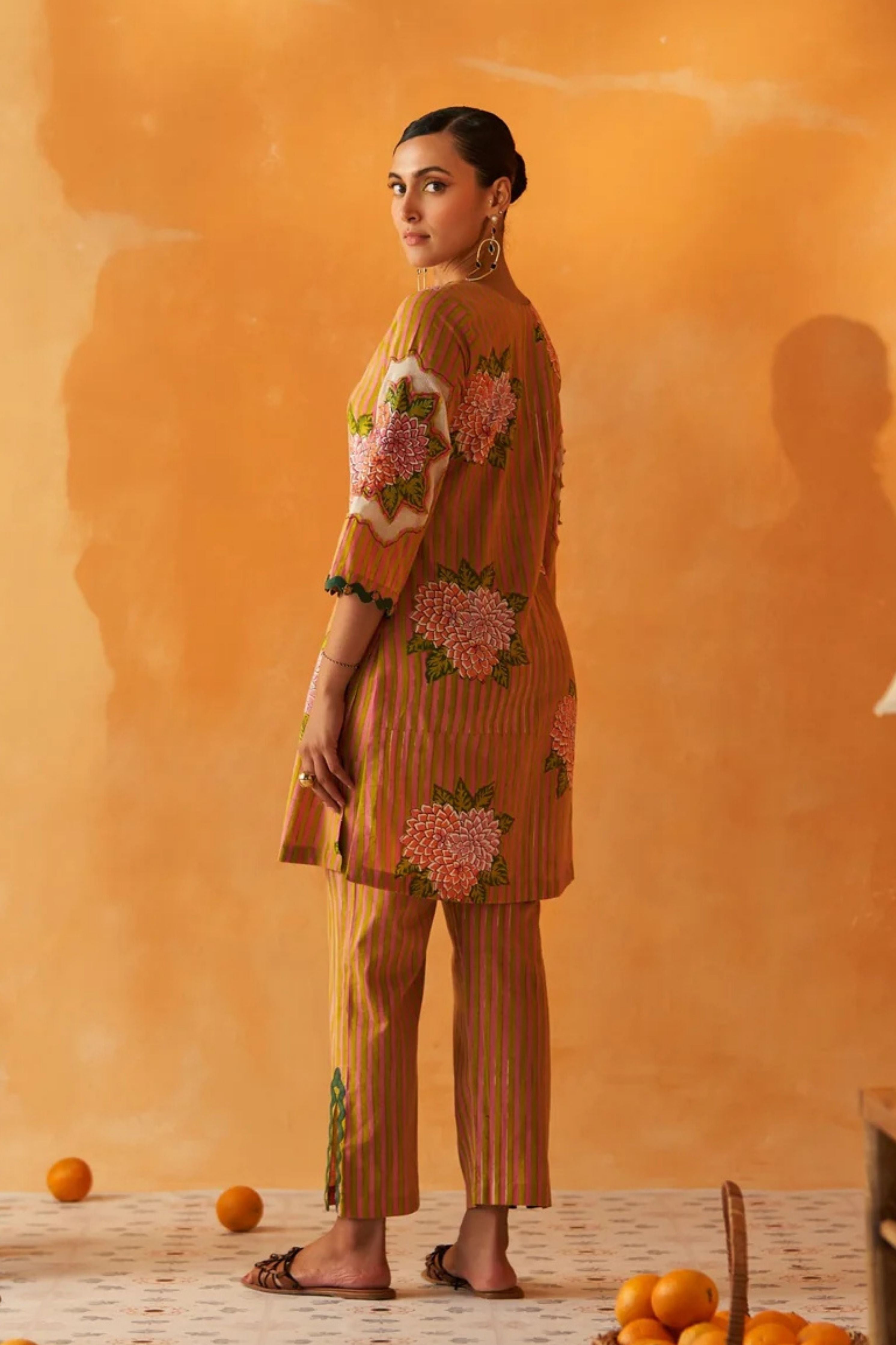 Yamini Pink& Lime Green Striped V-Neck Kurta Set