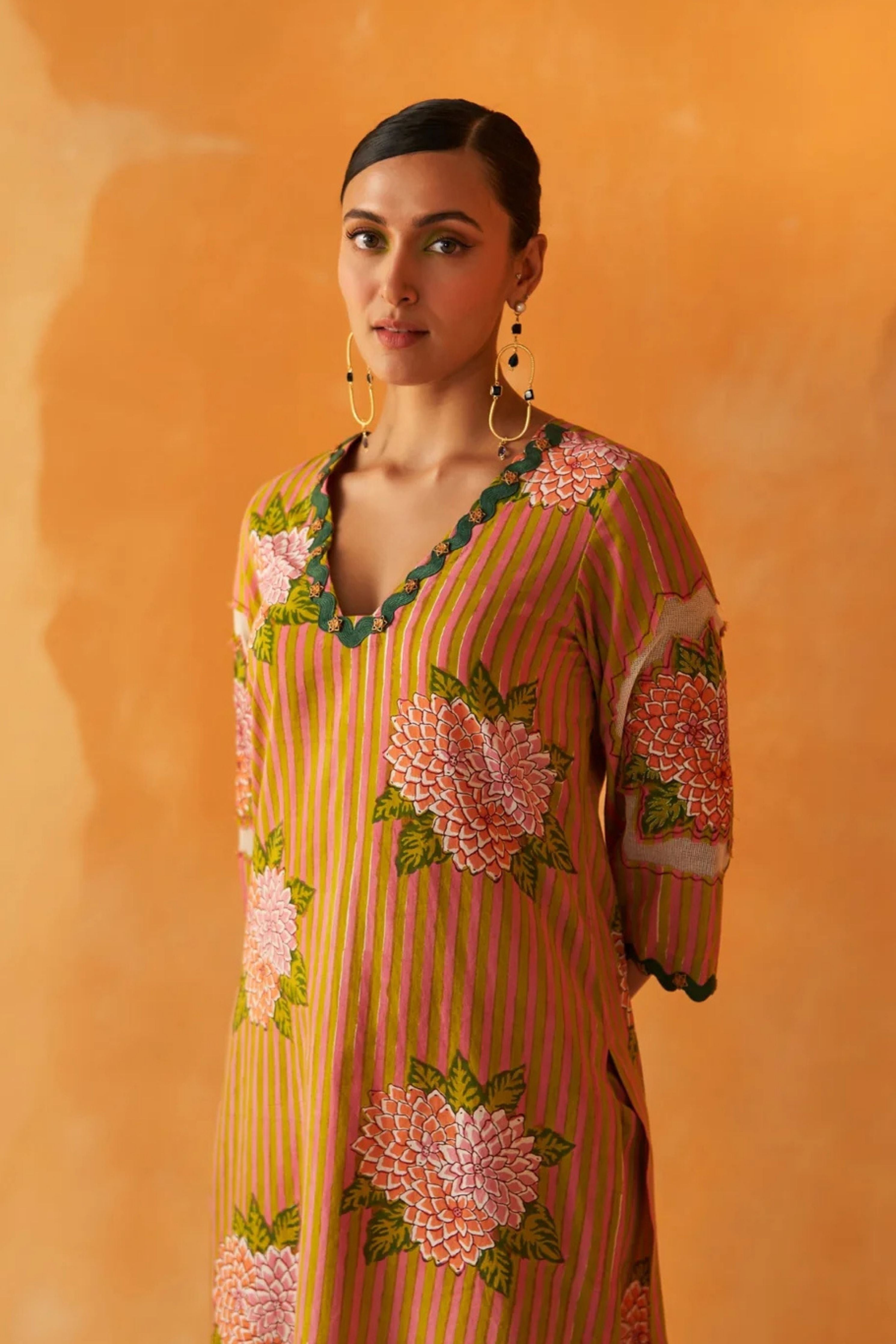 Yamini Pink& Lime Green Striped V-Neck Kurta Set