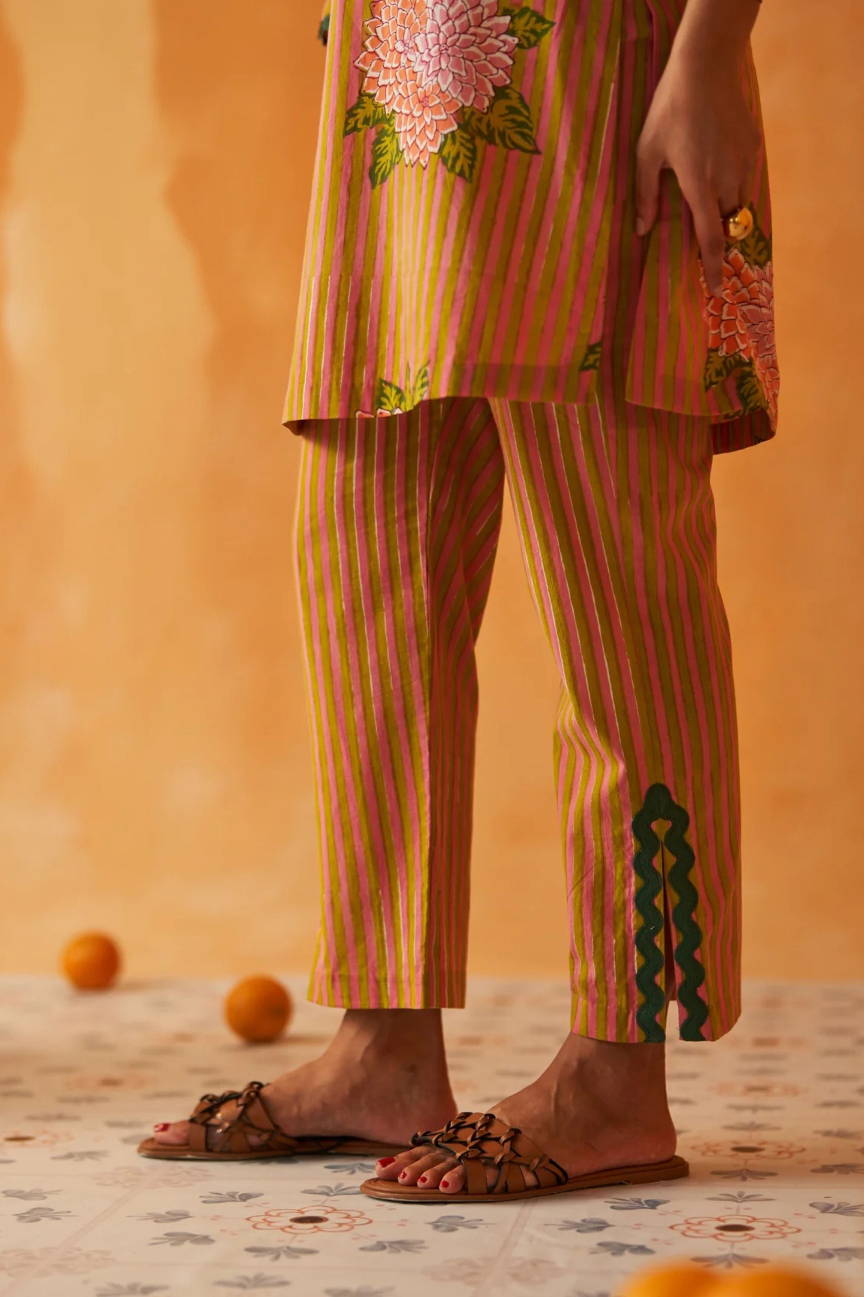 Yamini Pink& Lime Green Striped V-Neck Kurta Set