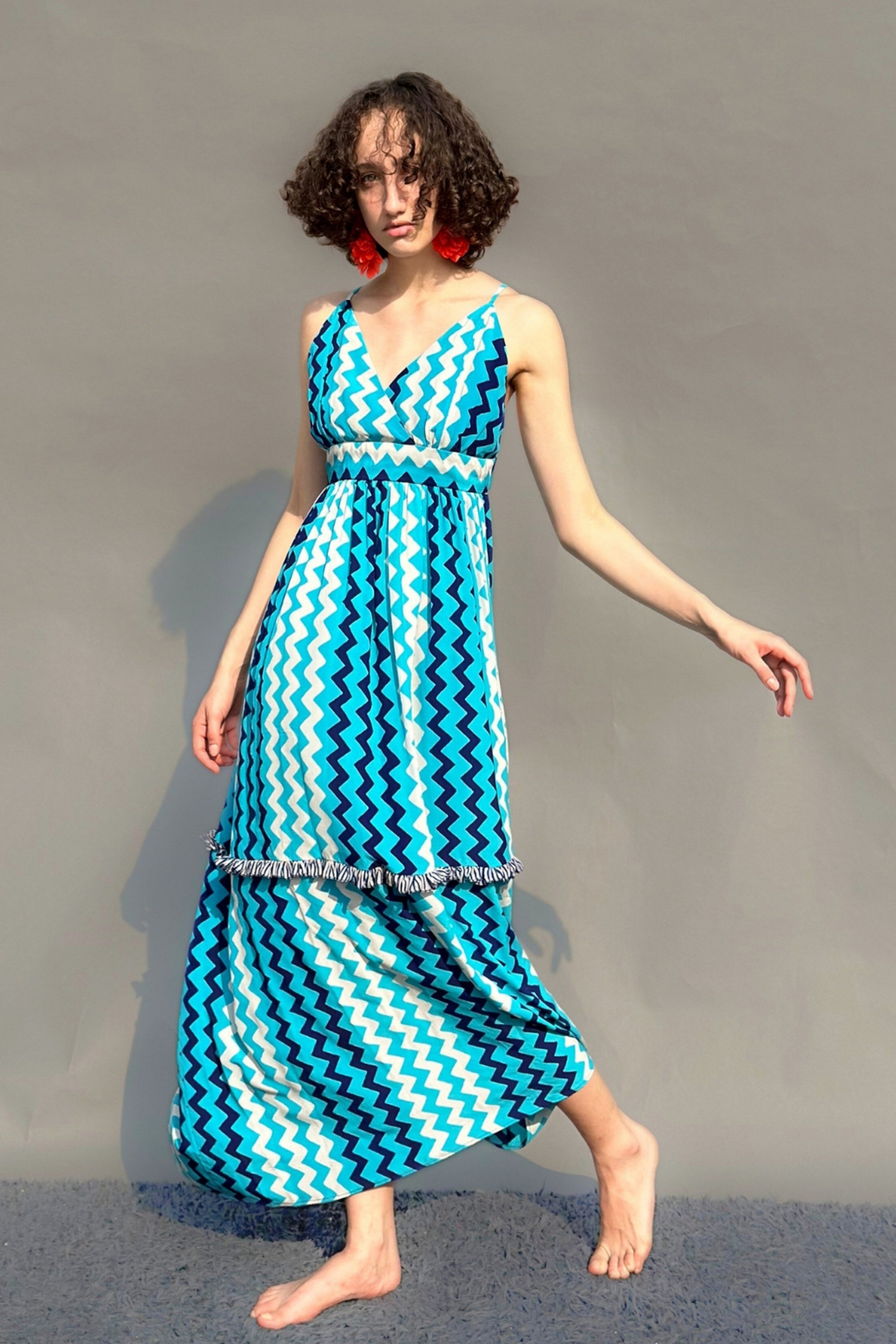 Zig Zag Printed Strappy Maxi Dress