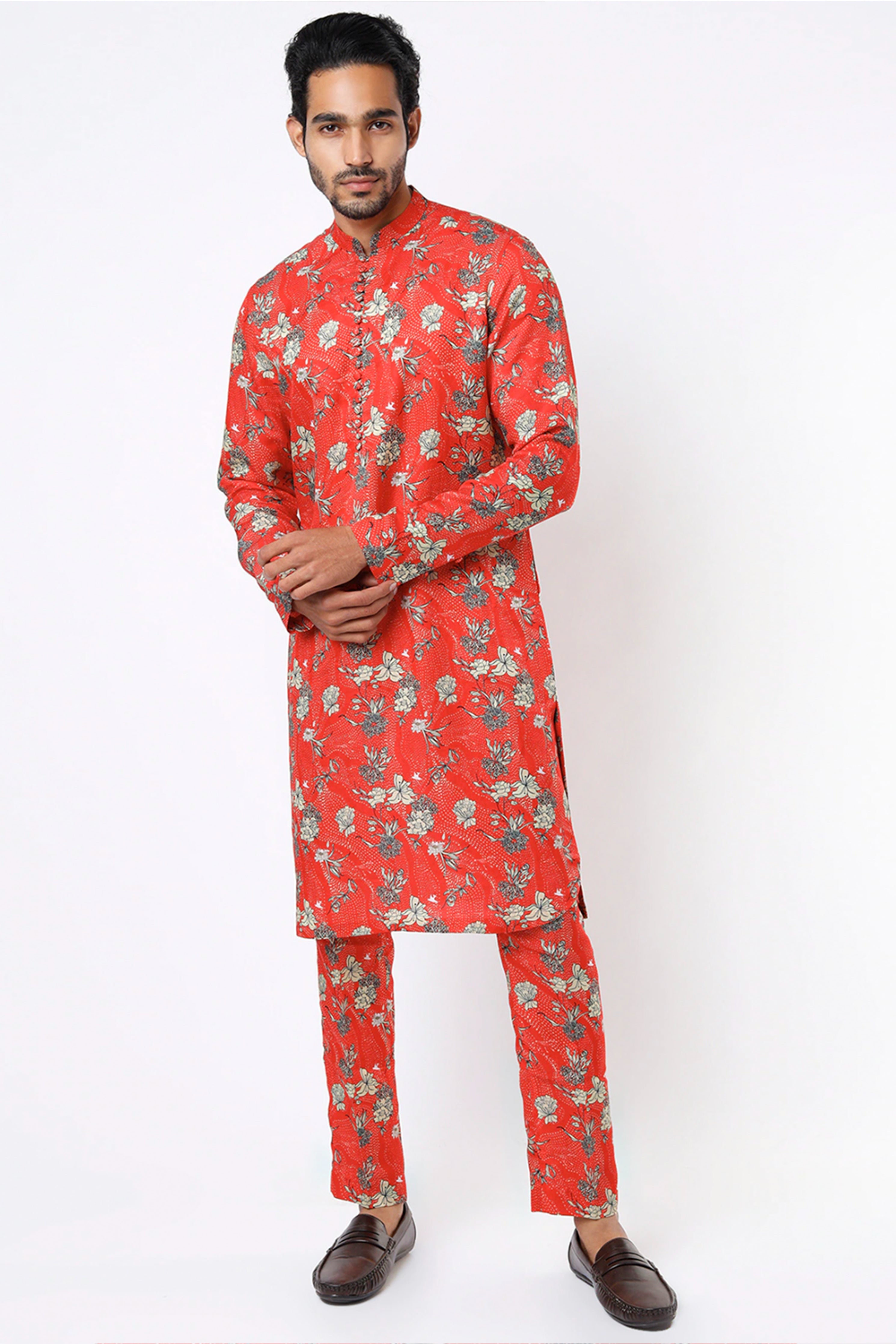 Pujit Red Silk Printed Kurta Set