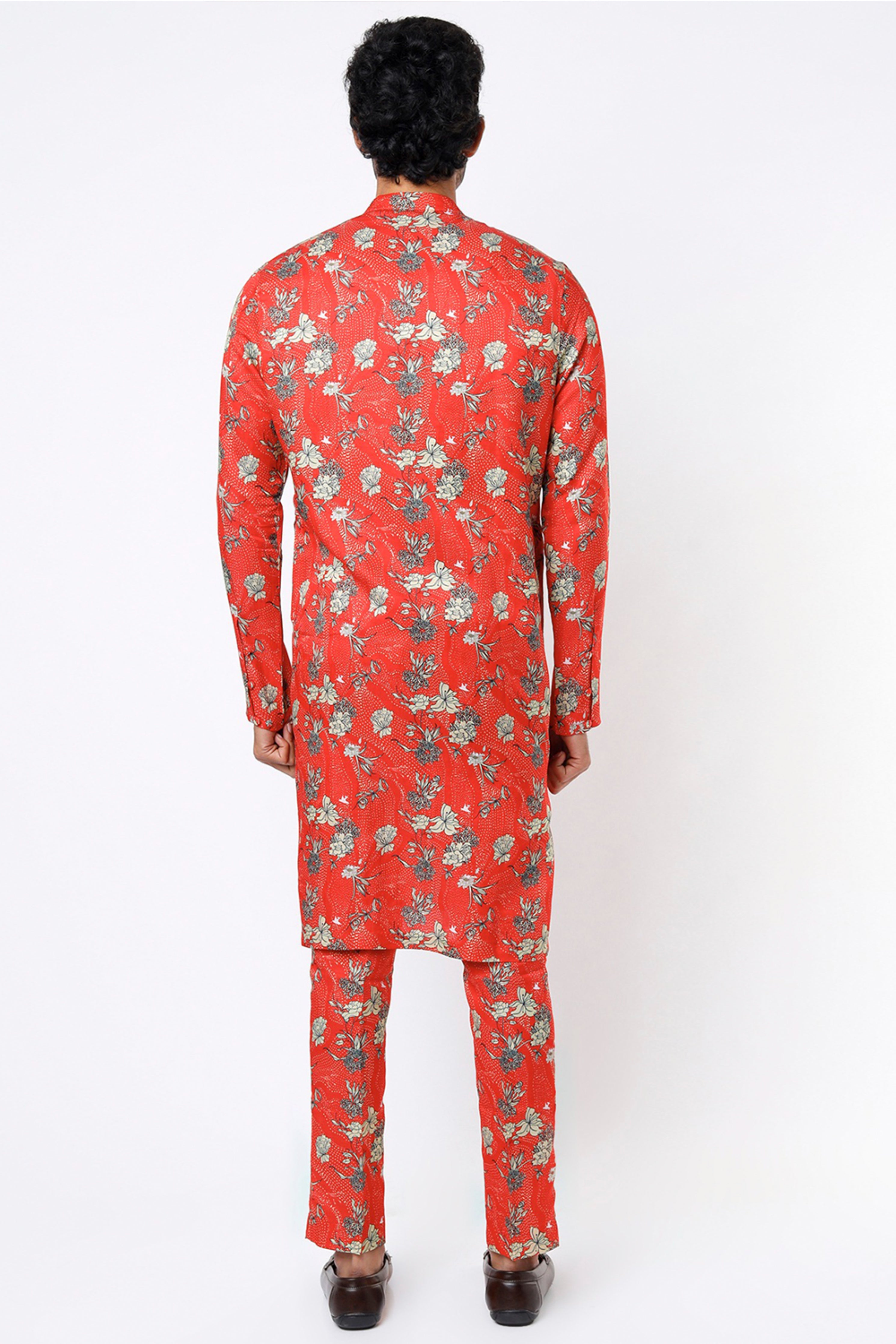 Pujit Red Silk Printed Kurta Set