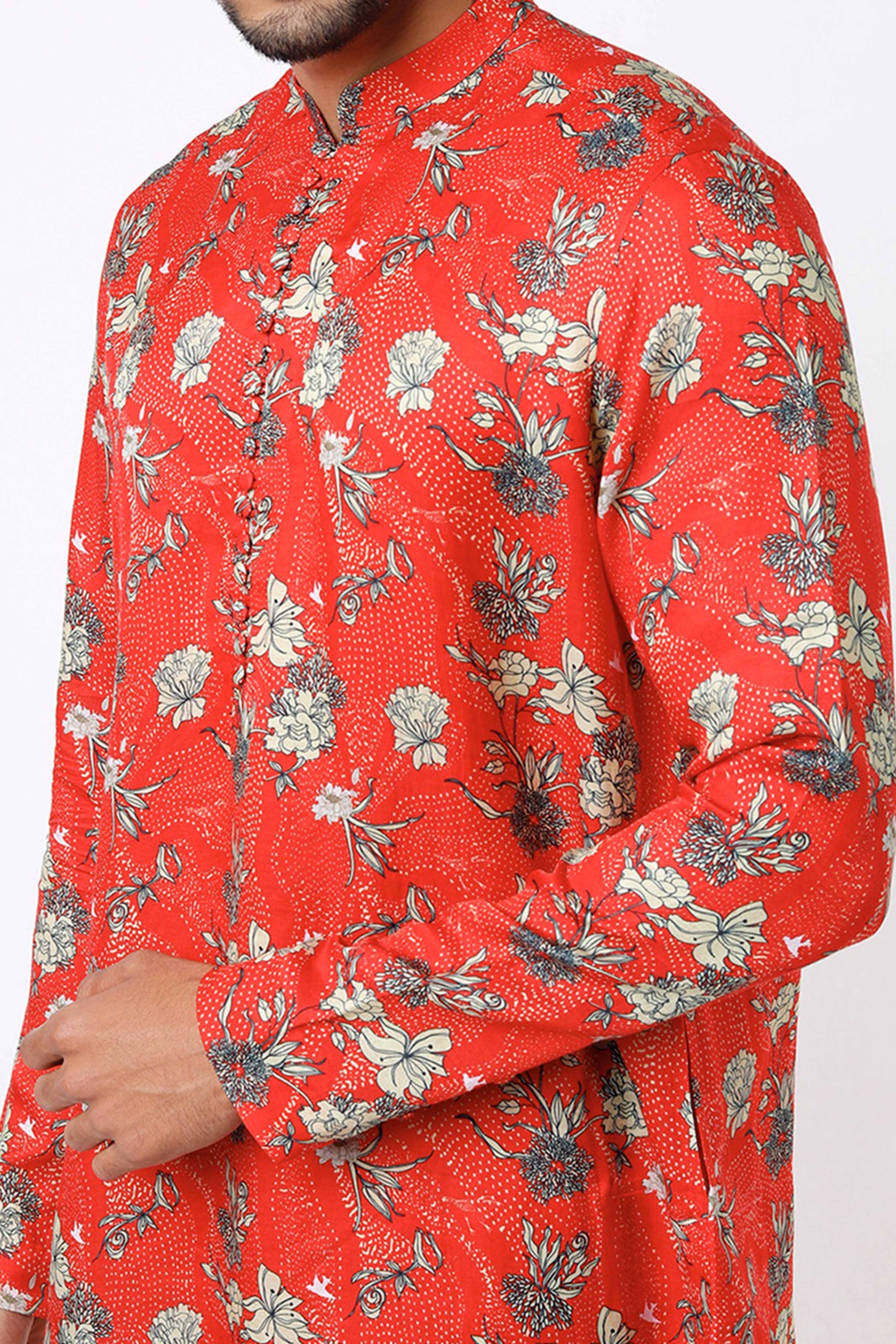 Pujit Red Silk Printed Kurta Set