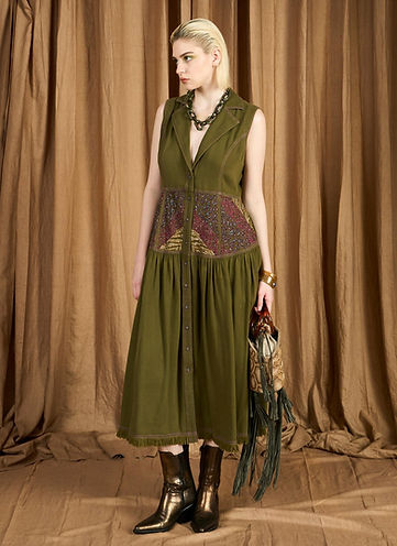 The Washed Denim Embroidered Yoke Long Dress