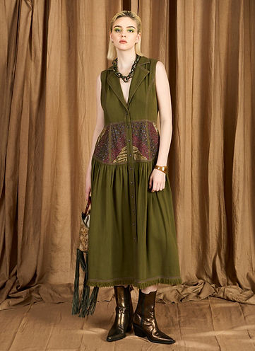 The Washed Denim Embroidered Yoke Long Dress