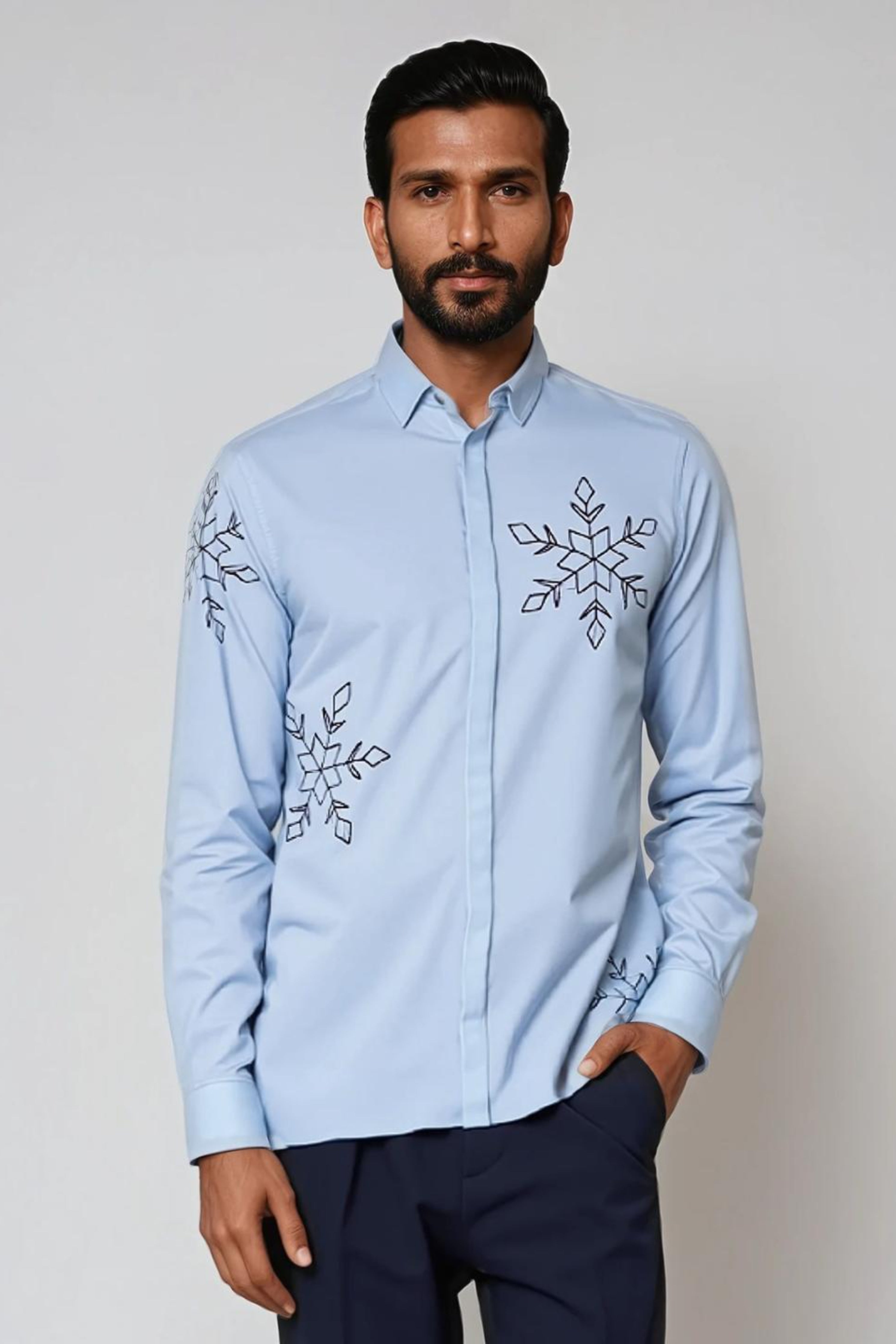 Blue Embroidered Casual Shirt