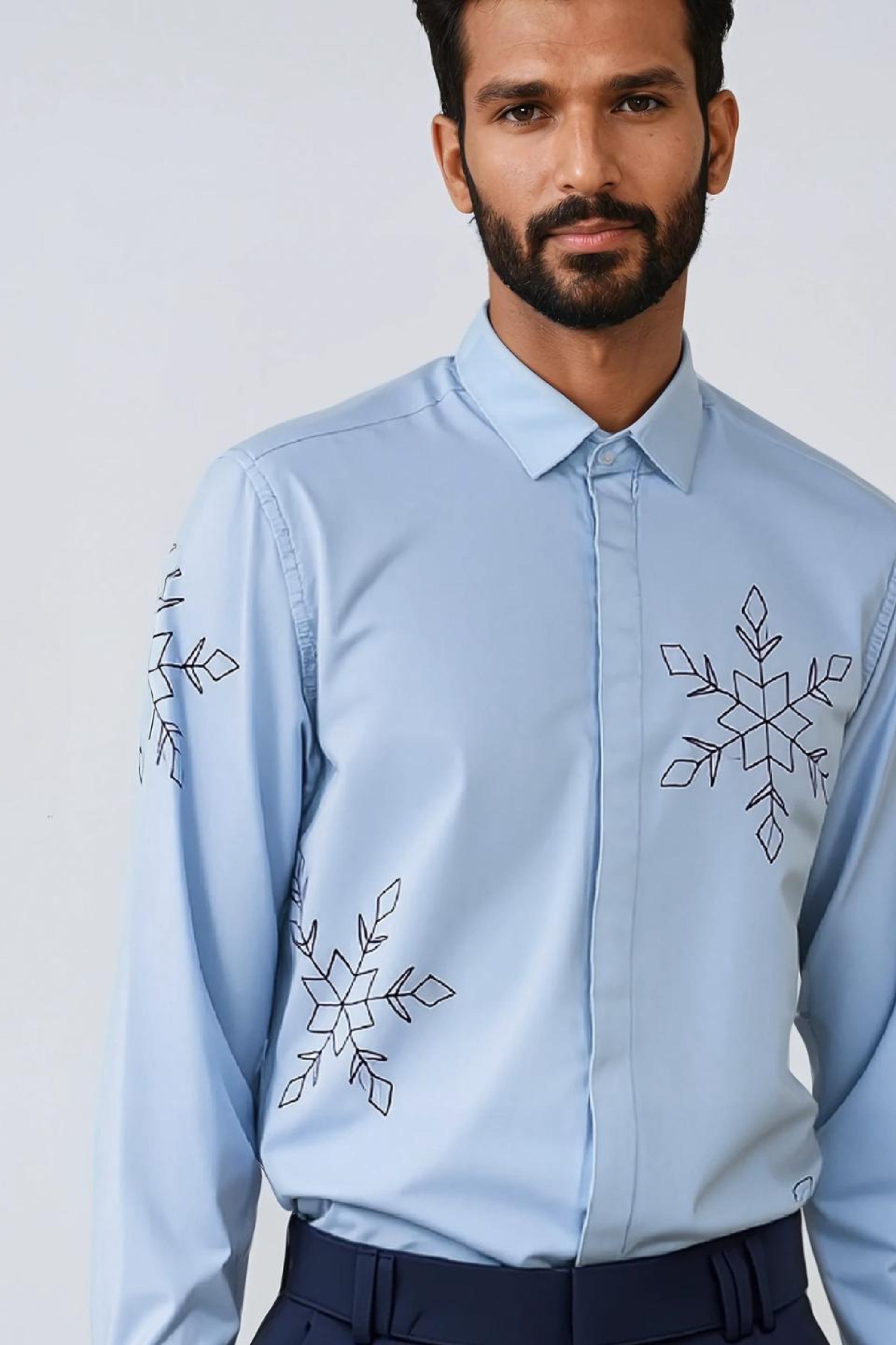 Blue Embroidered Casual Shirt