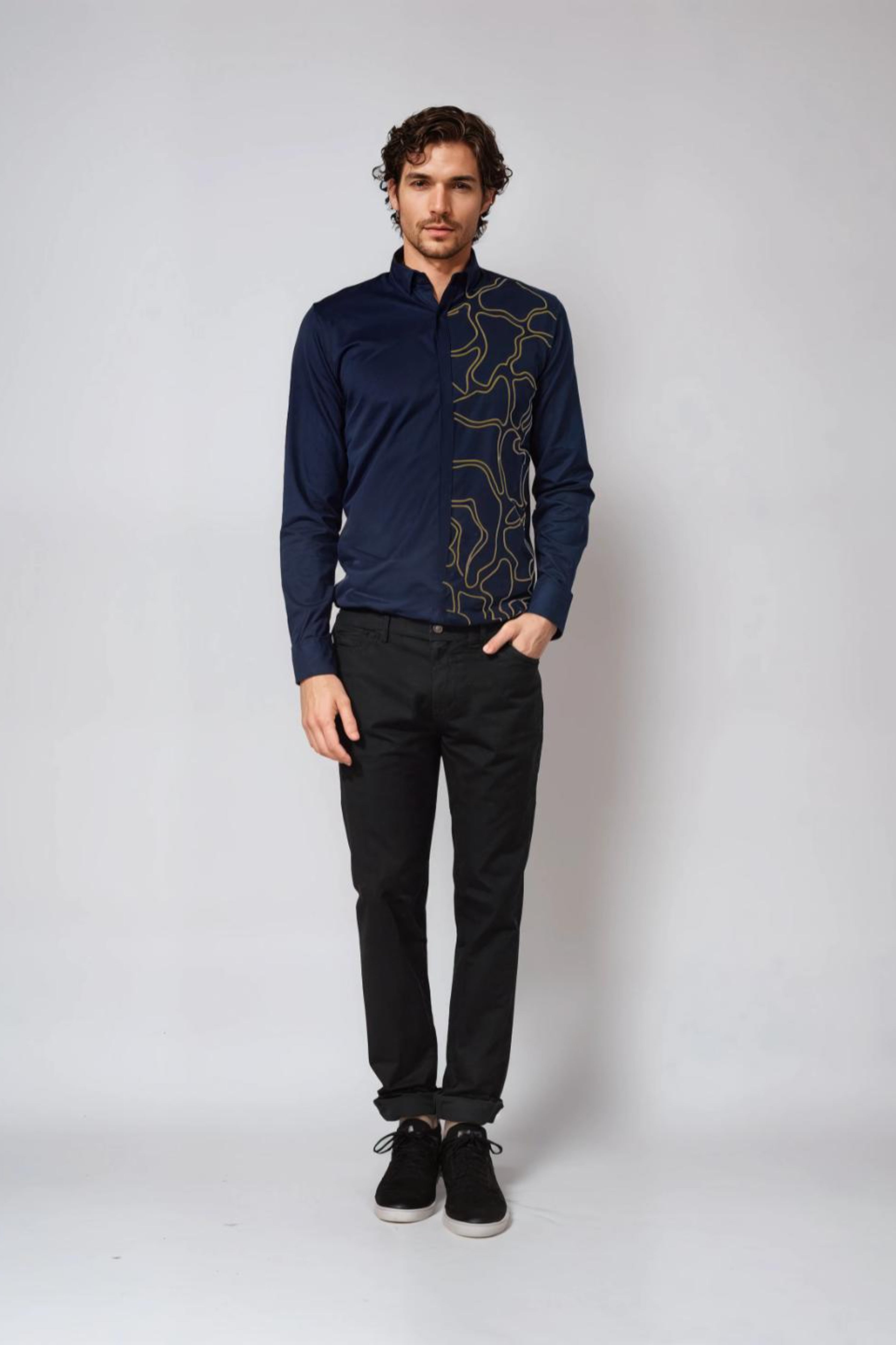 Navy Abstract Embroidered Party Shirt