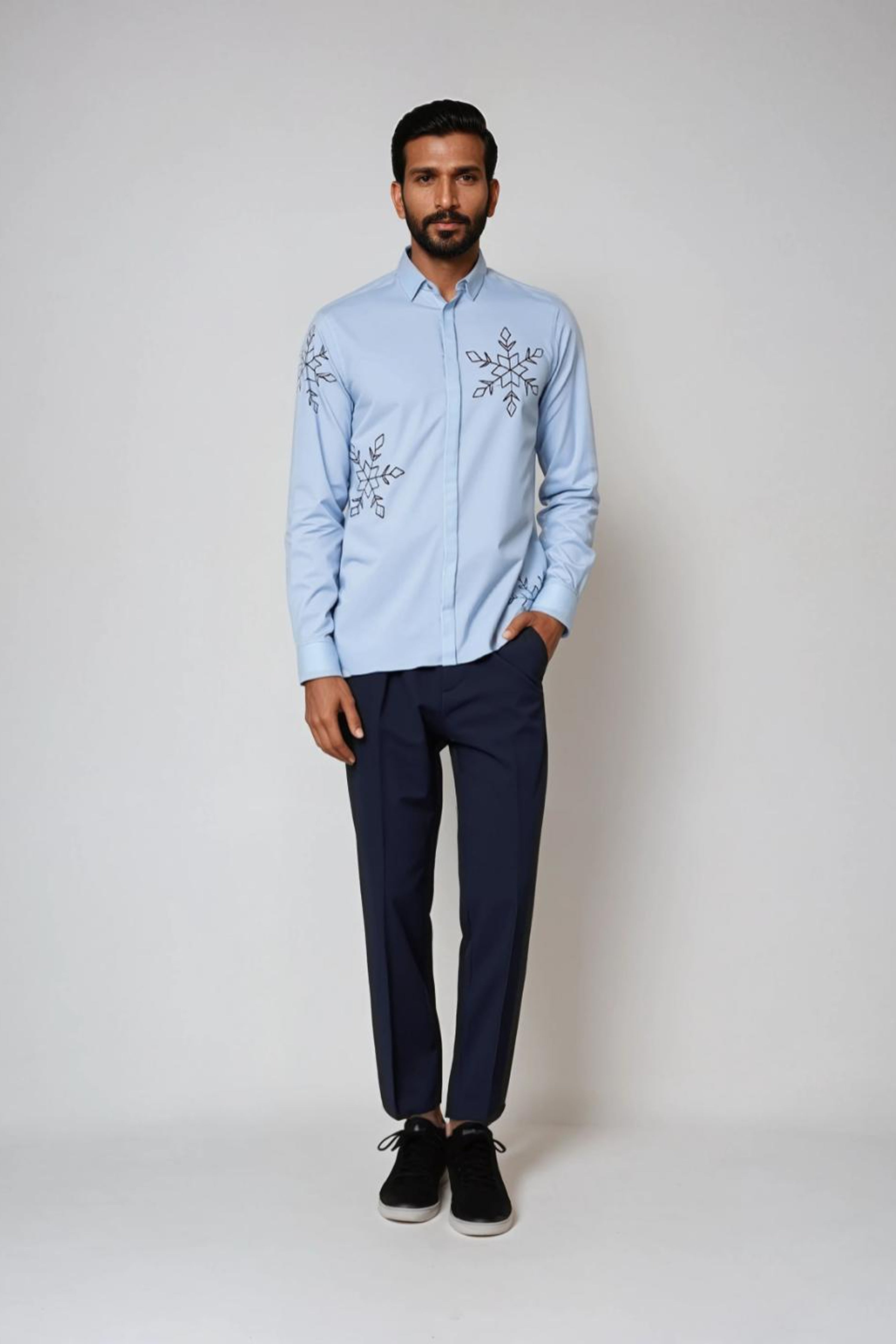 Blue Embroidered Casual Shirt
