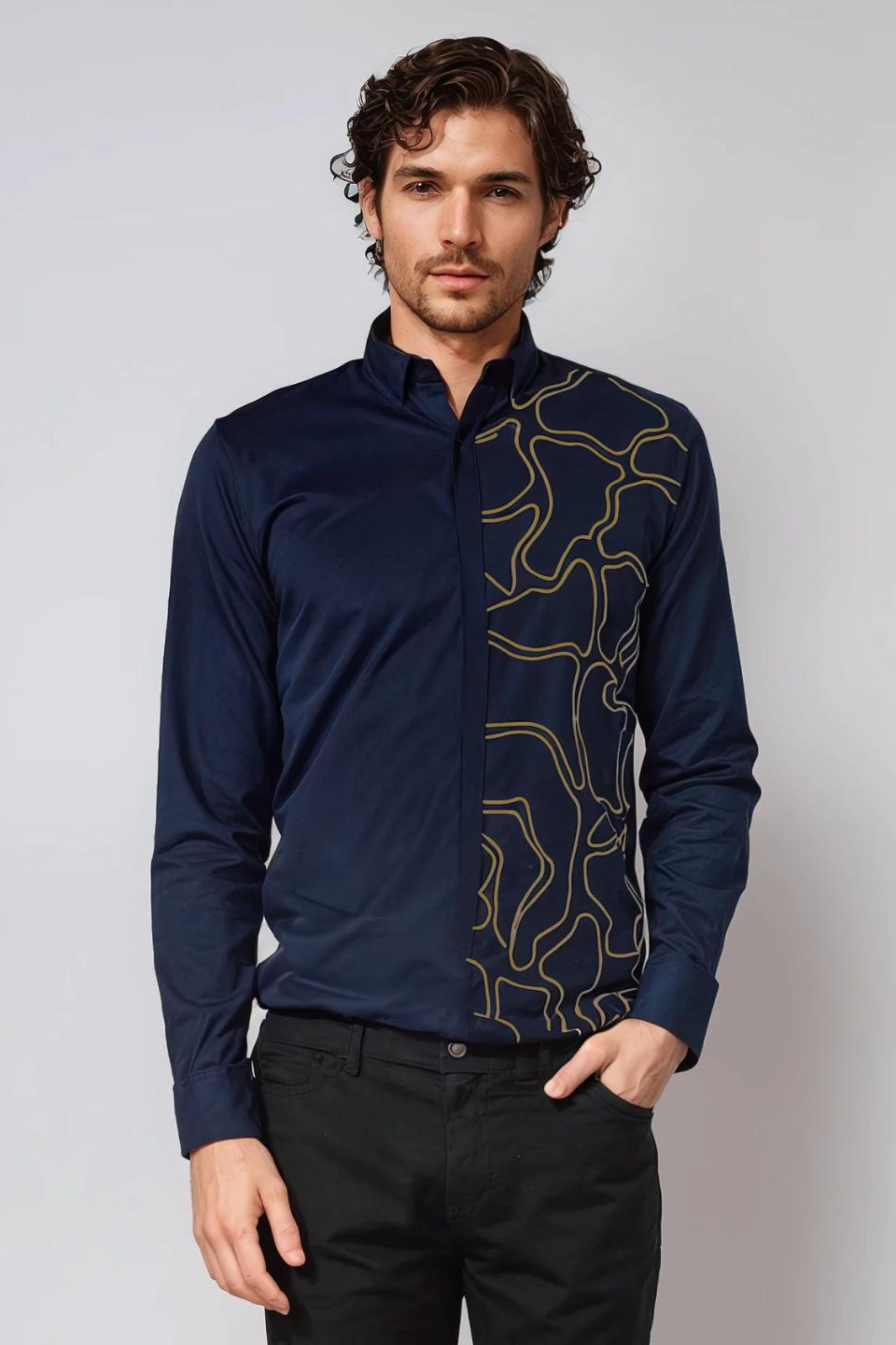 Navy Abstract Embroidered Party Shirt