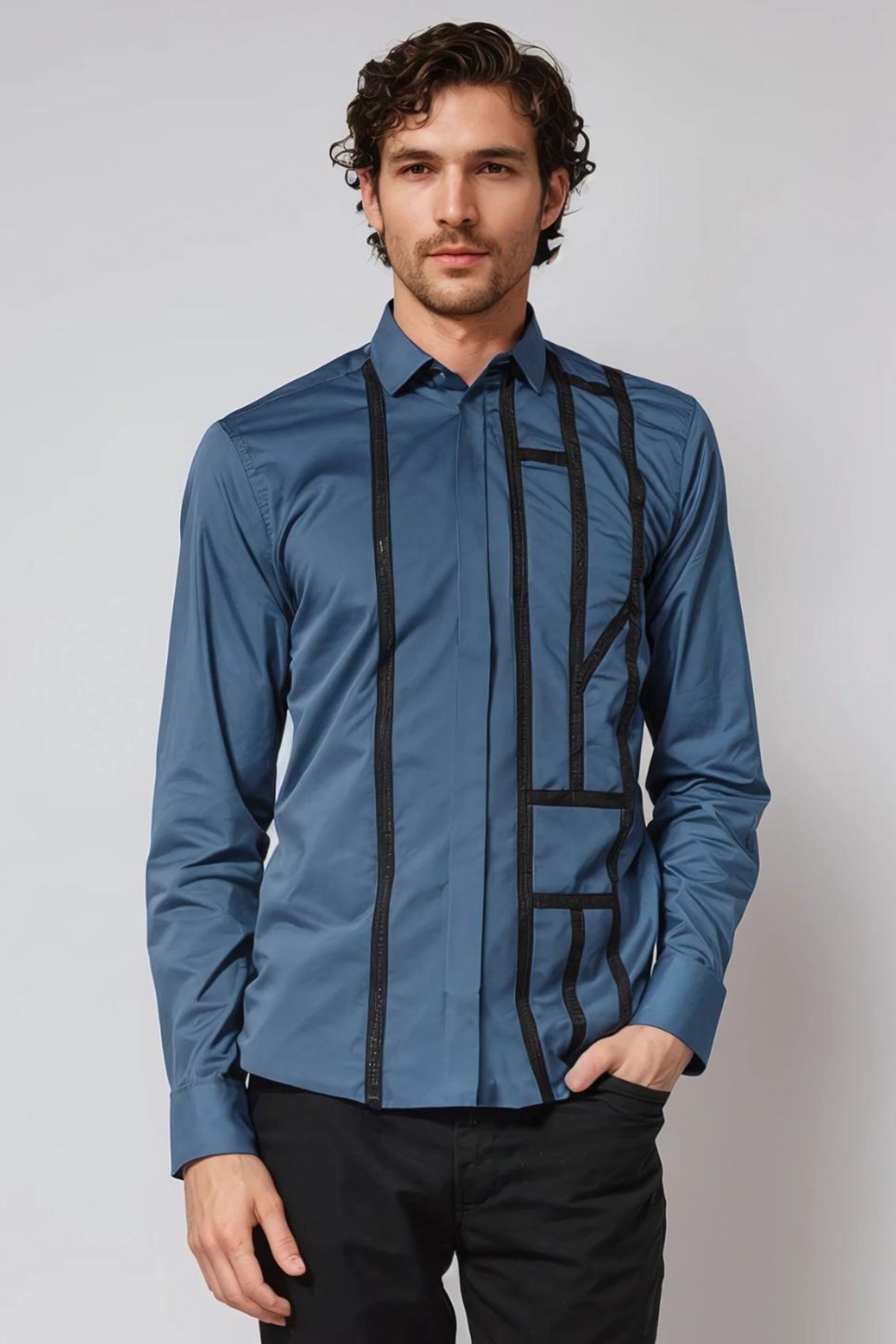 Blue Geometric Lace Party Shirt