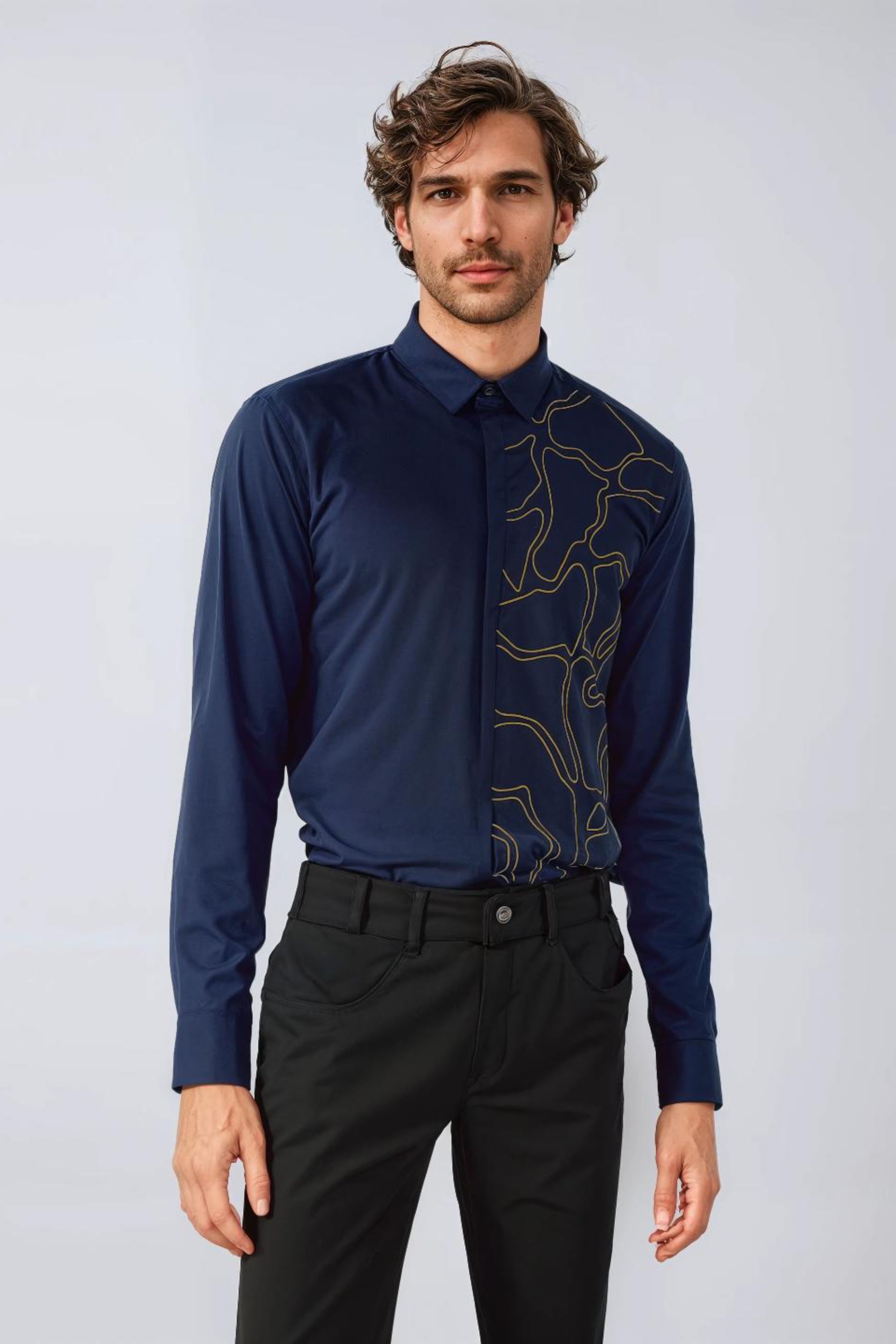 Navy Abstract Embroidered Party Shirt