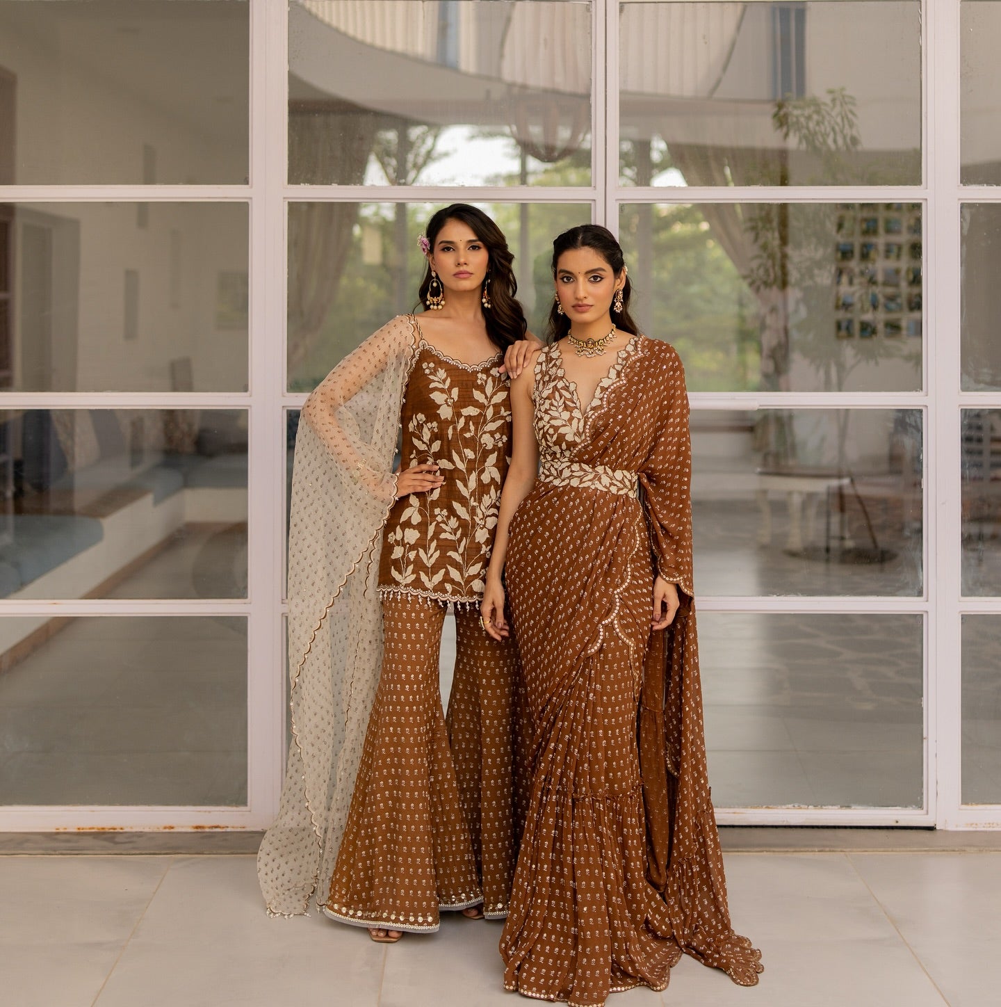 Cocoa Brown Georgette Draped Saree Set