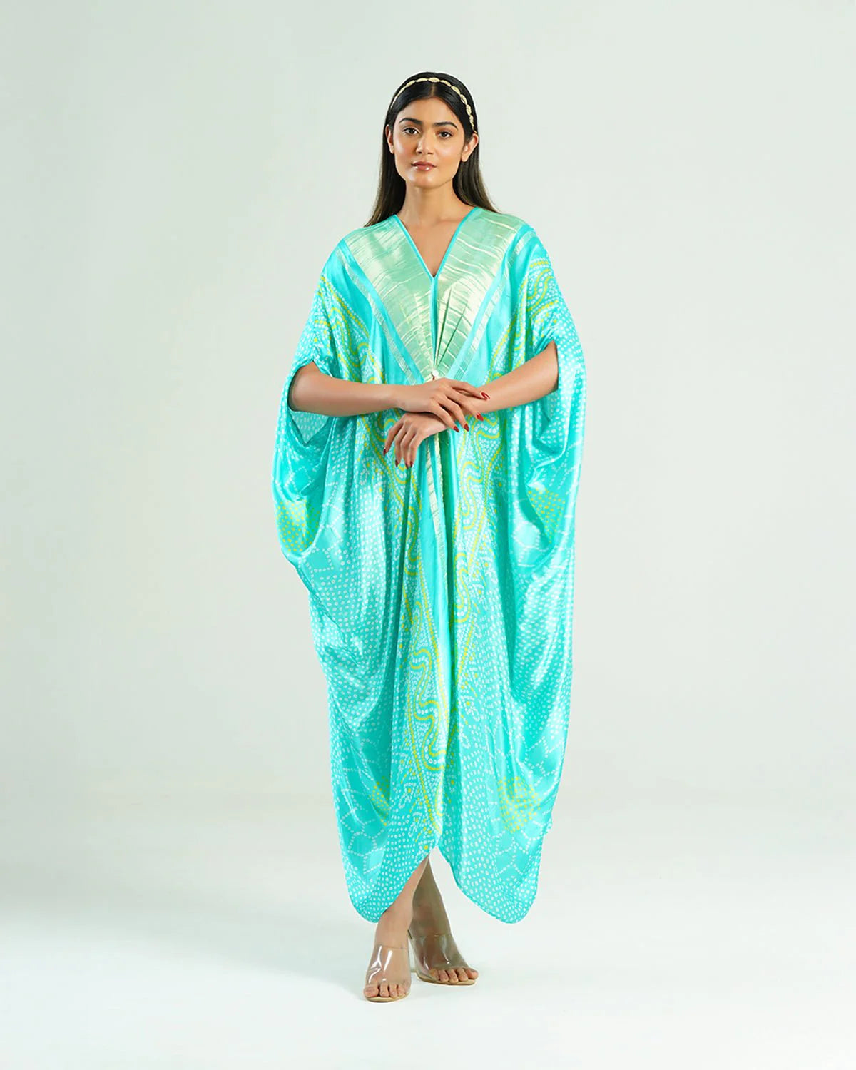 Bandhej Kaftan In Aquamarine & Gold