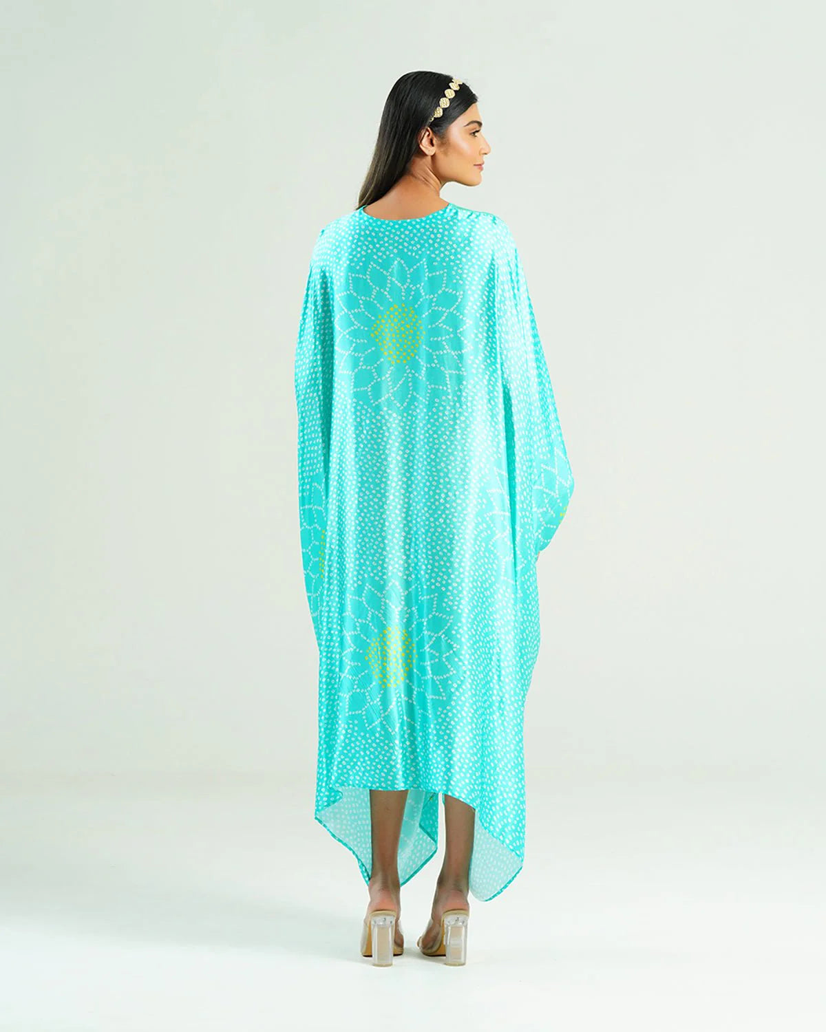 Bandhej Kaftan In Aquamarine & Gold