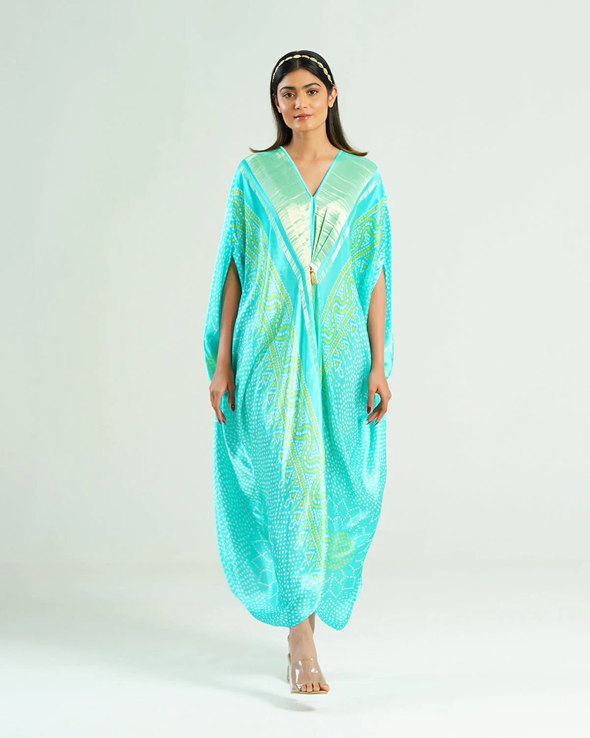 Bandhej Kaftan In Aquamarine & Gold