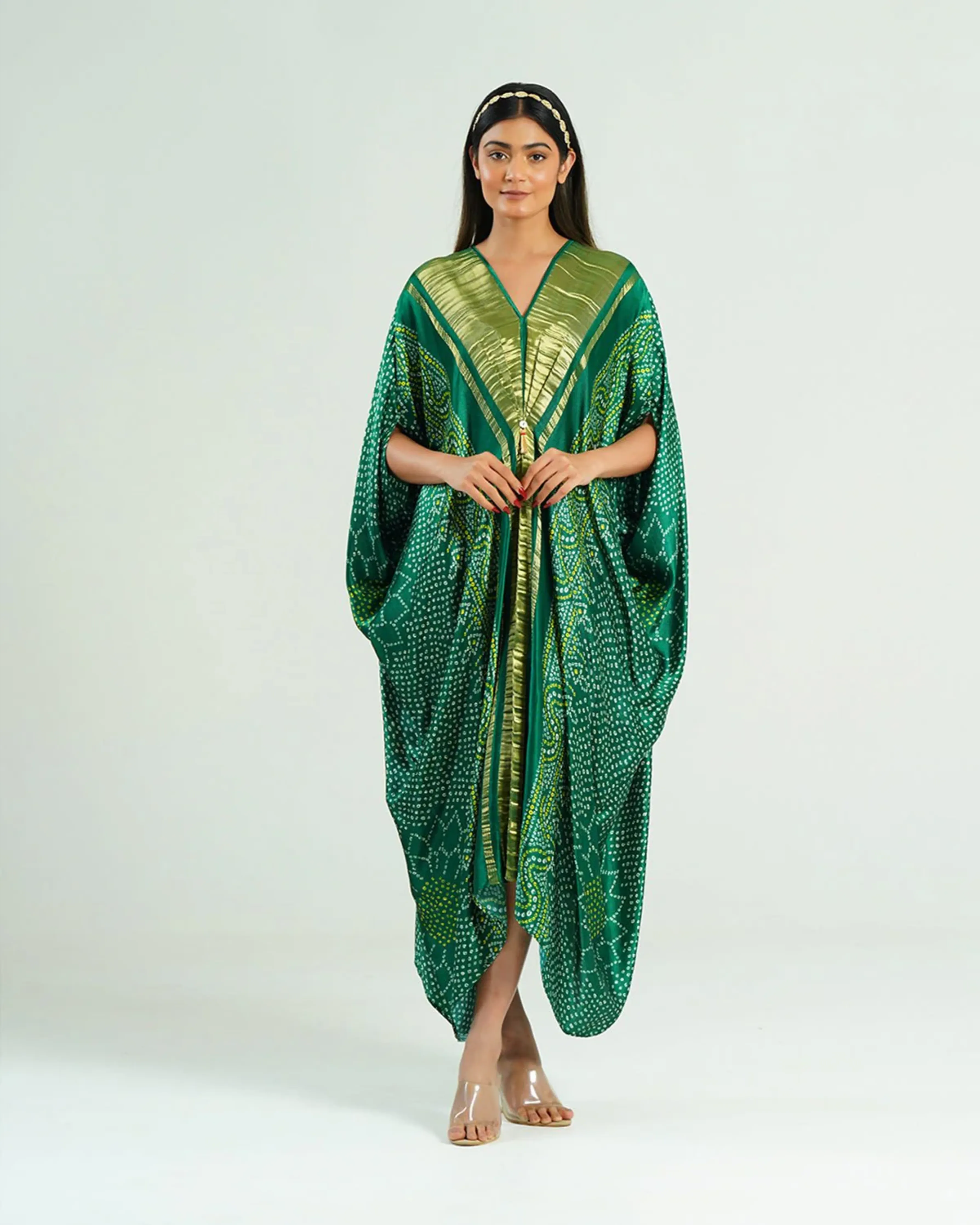 Kaftan Bandhej Emerald Green Gold