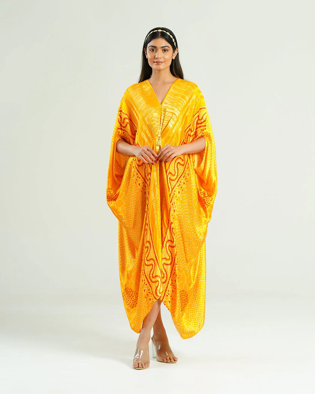Bandhej Kaftan In Mustard Yellow & Gold