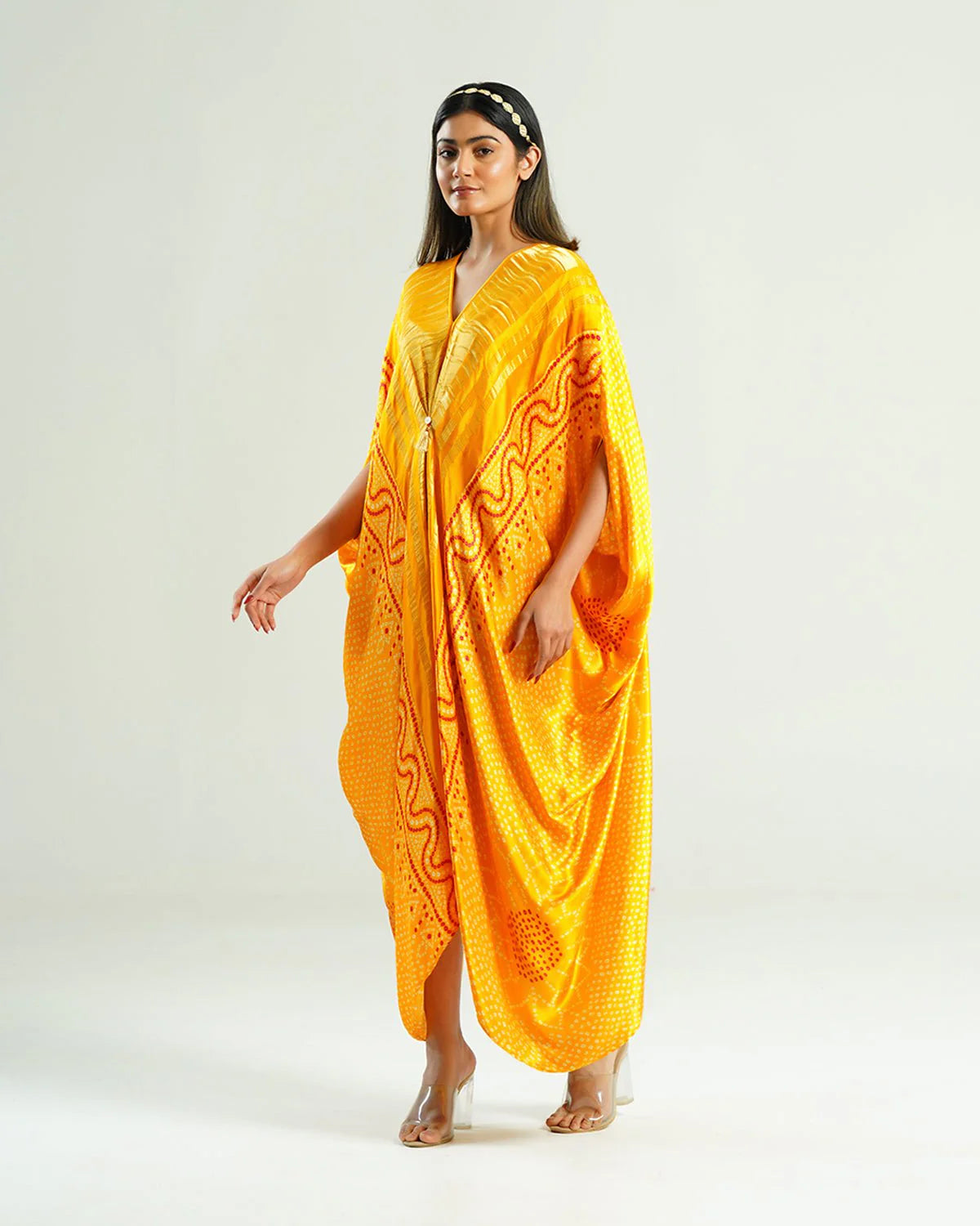 Bandhej Kaftan In Mustard Yellow & Gold