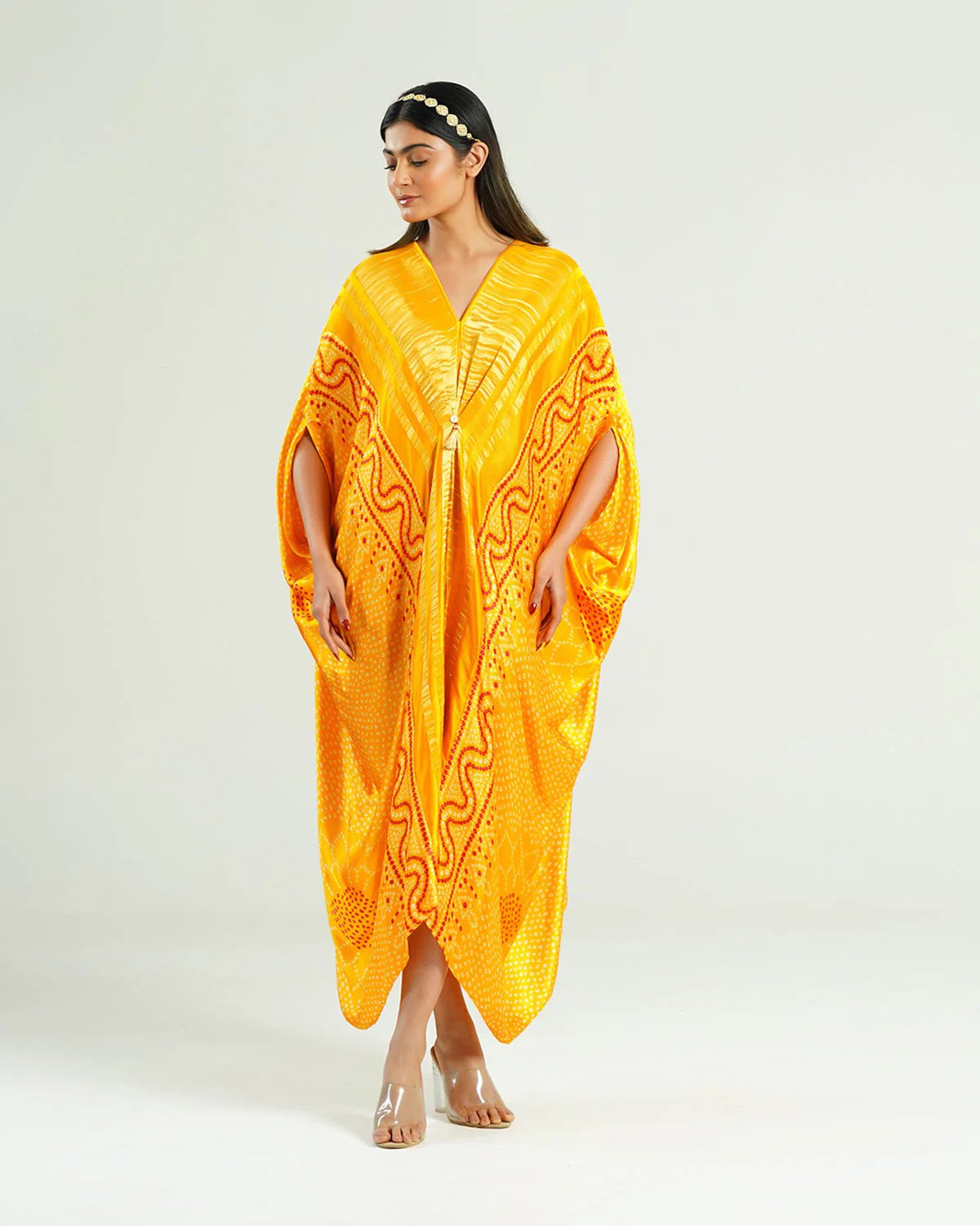 Bandhej Kaftan In Mustard Yellow & Gold