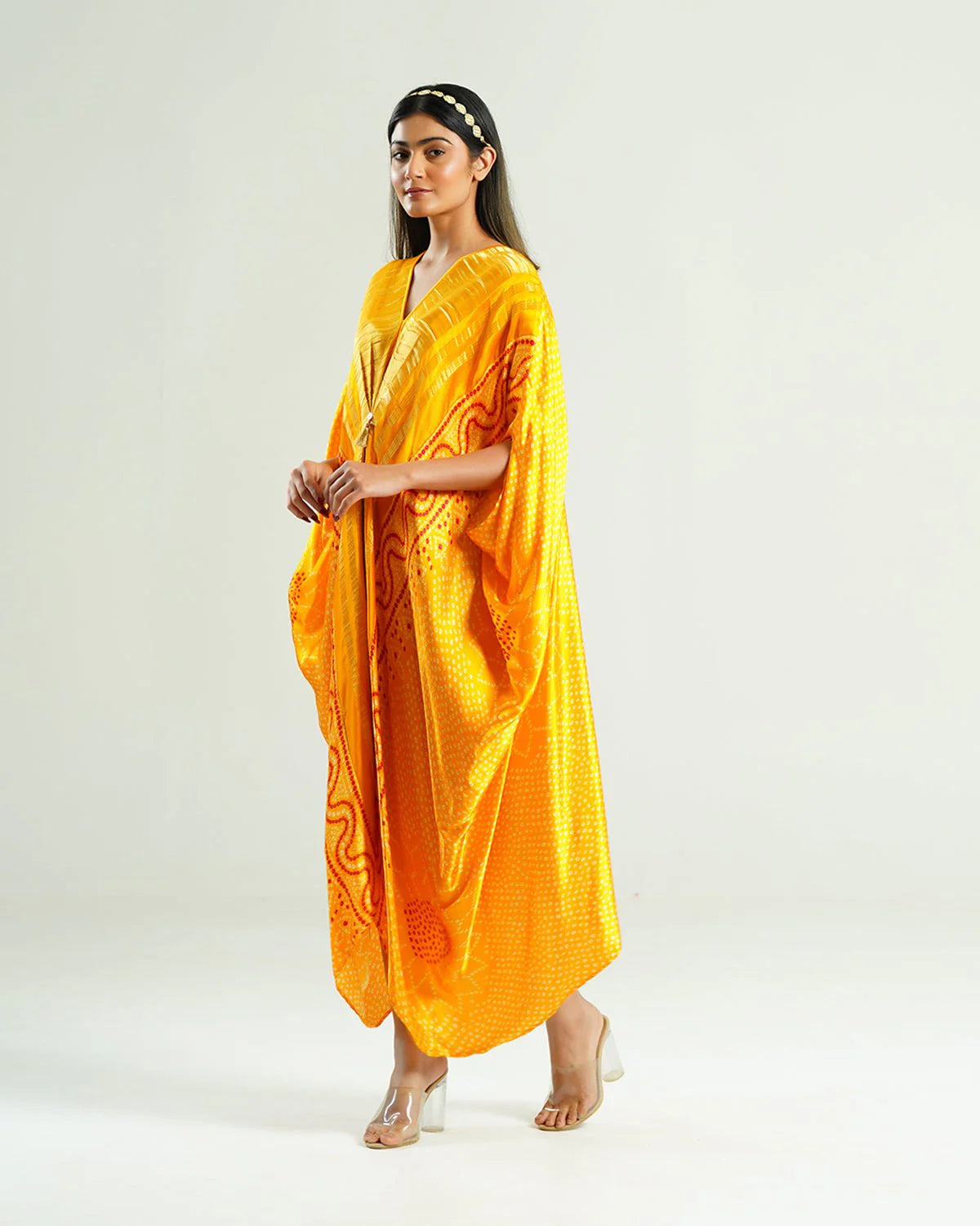 Bandhej Kaftan In Mustard Yellow & Gold