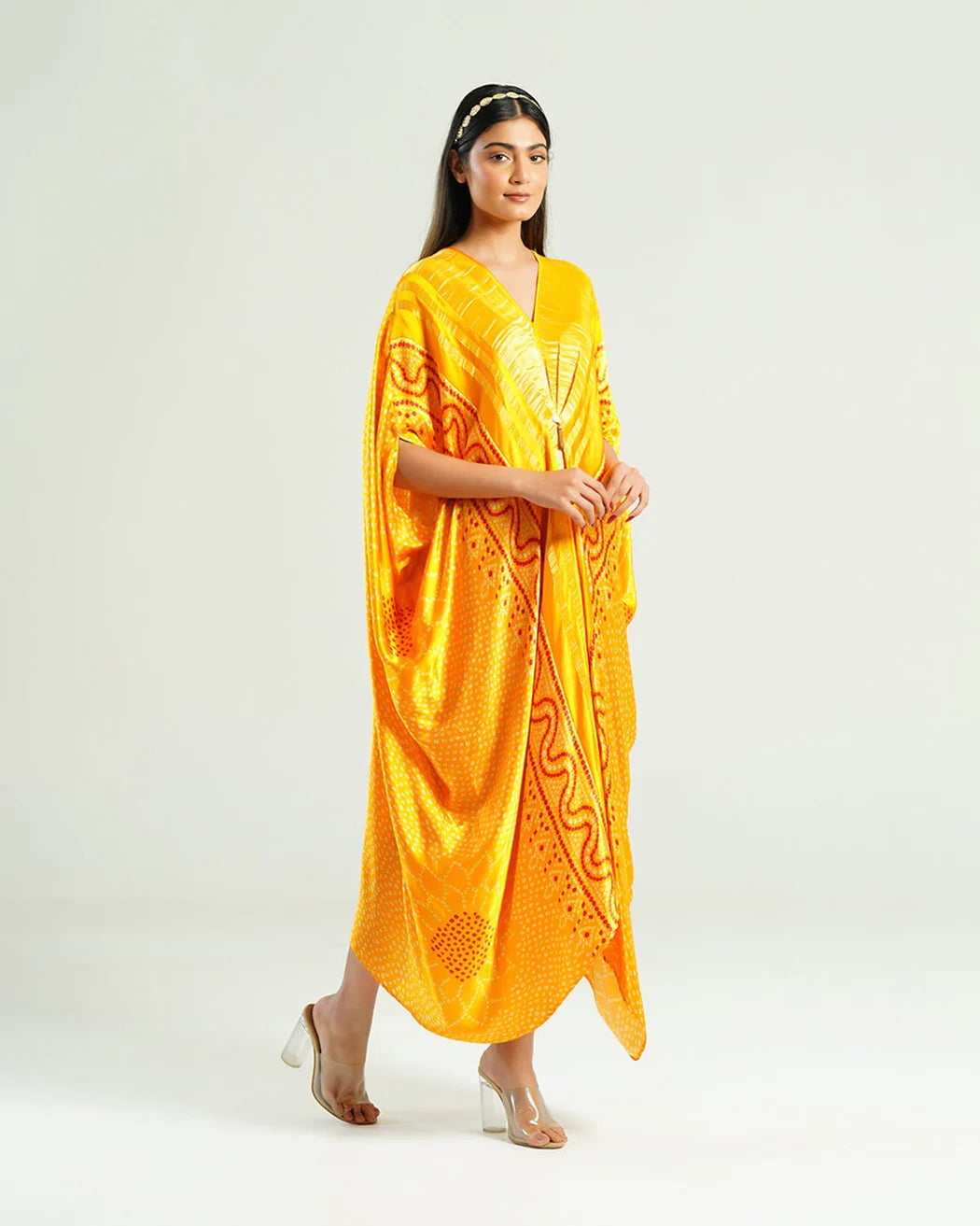 Bandhej Kaftan In Mustard Yellow & Gold