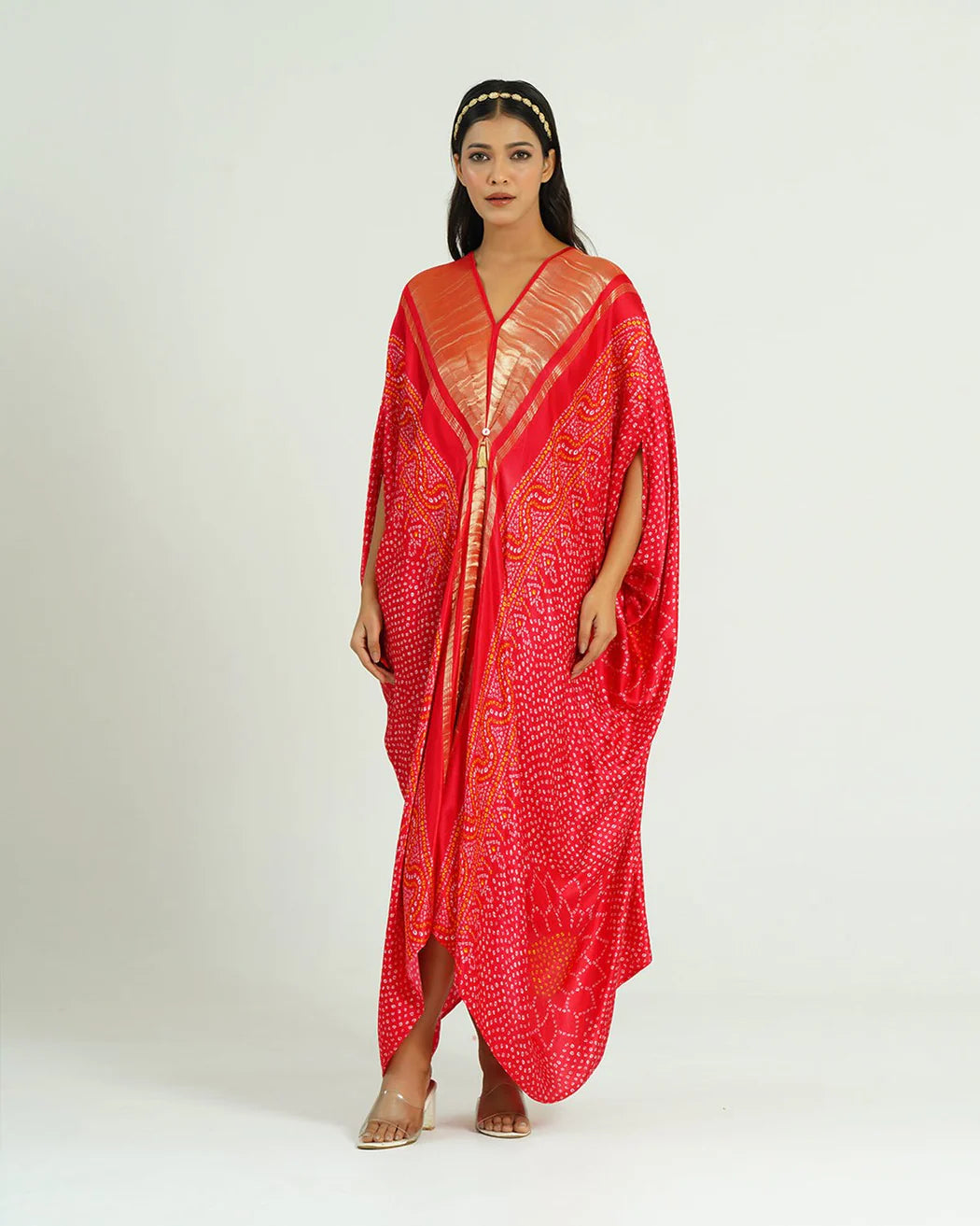 Bandhej Kaftan In Red & Gold