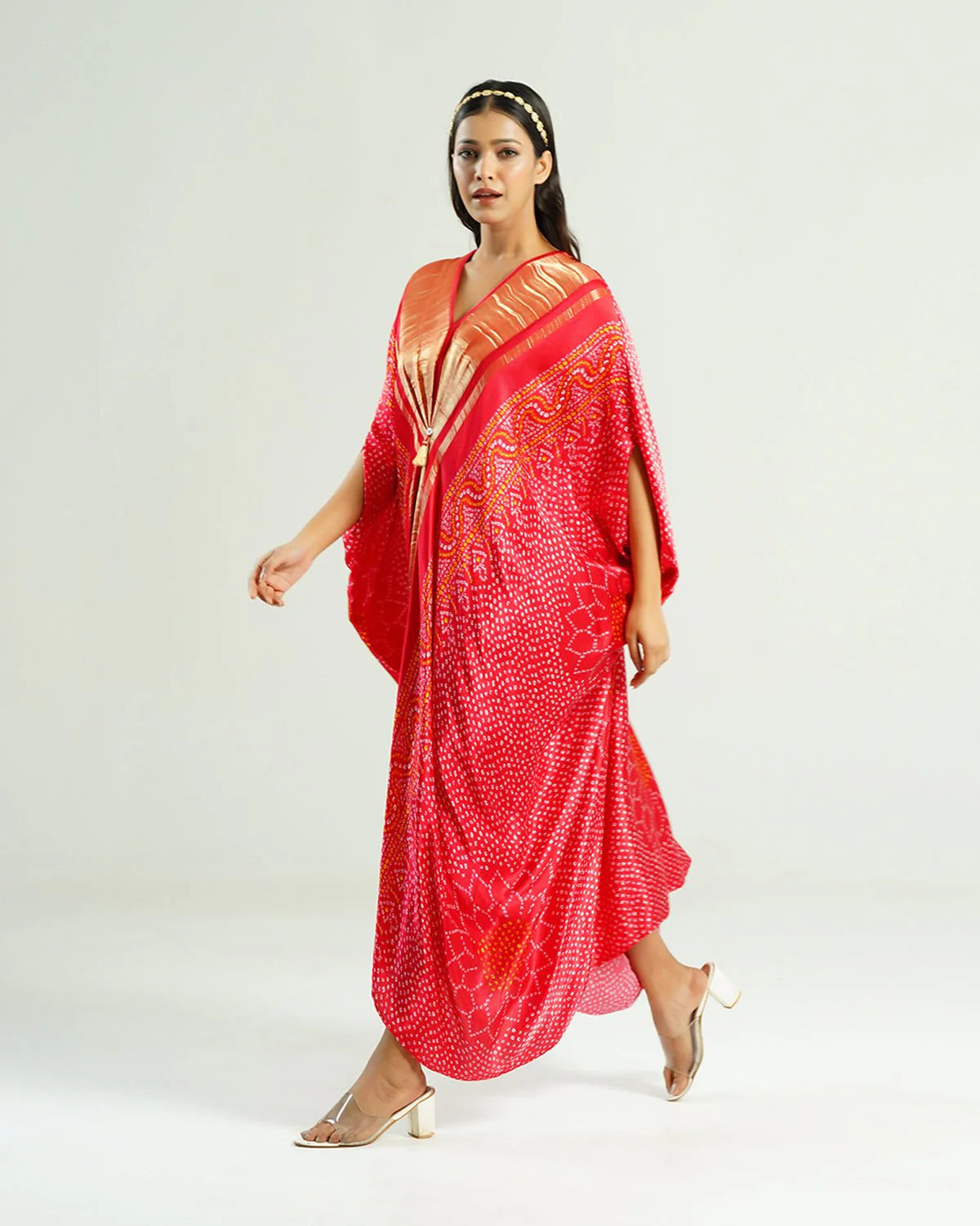 Bandhej Kaftan In Red & Gold