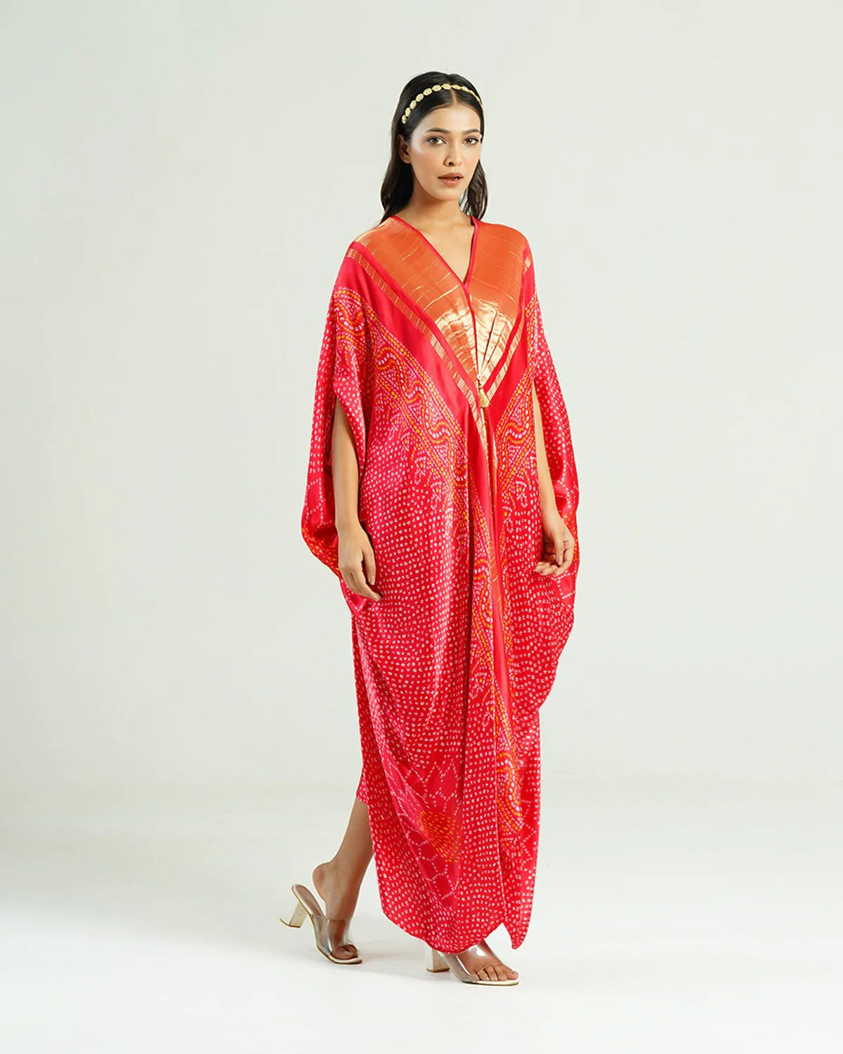 Bandhej Kaftan In Red & Gold