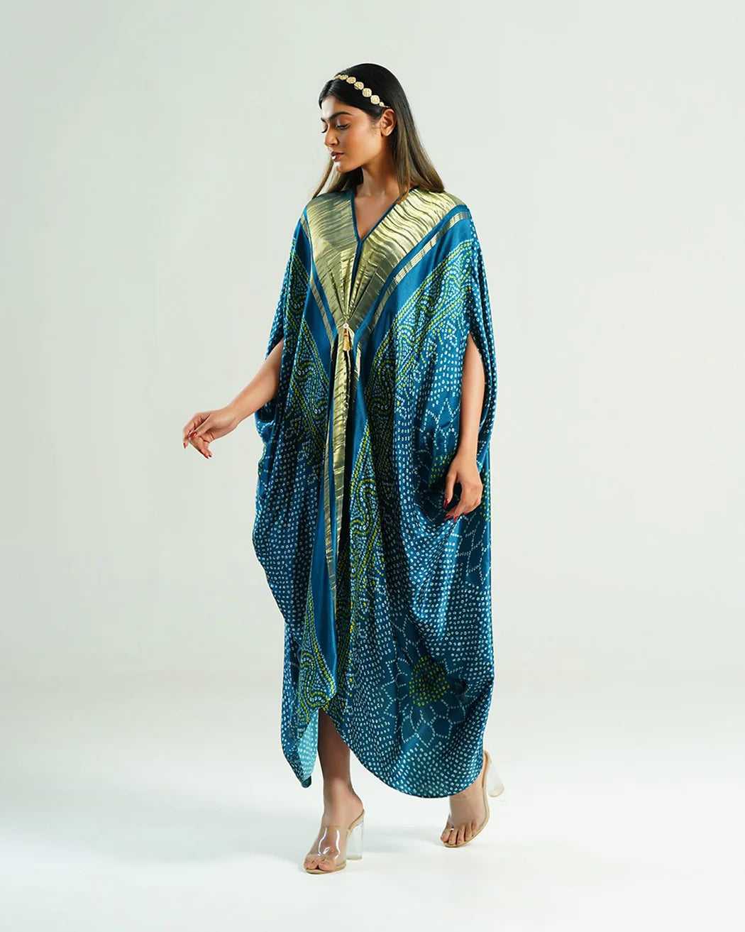 Bandhej Kaftan In Teal Blue & Gold