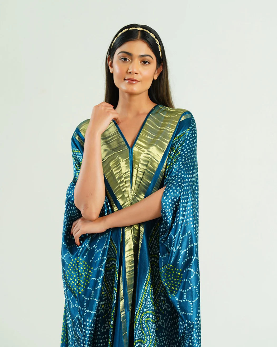 Bandhej Kaftan In Teal Blue & Gold