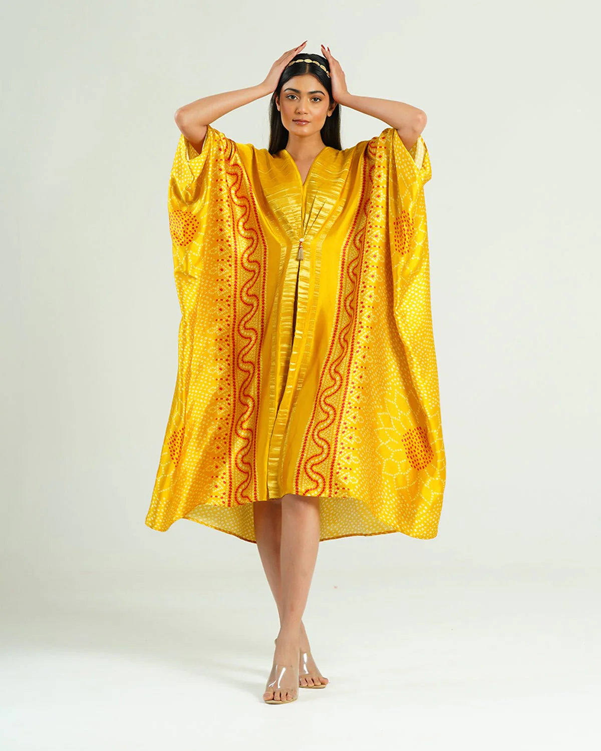 Bandhej Kaftan In Yellow & Gold