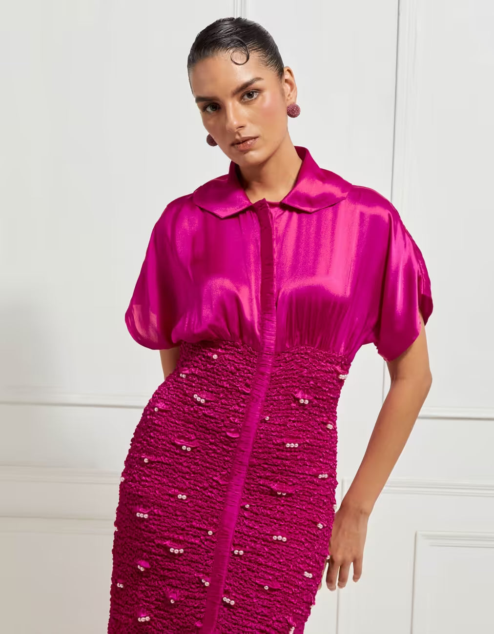 Body Con Winged Wave Smocked Dress In Pink