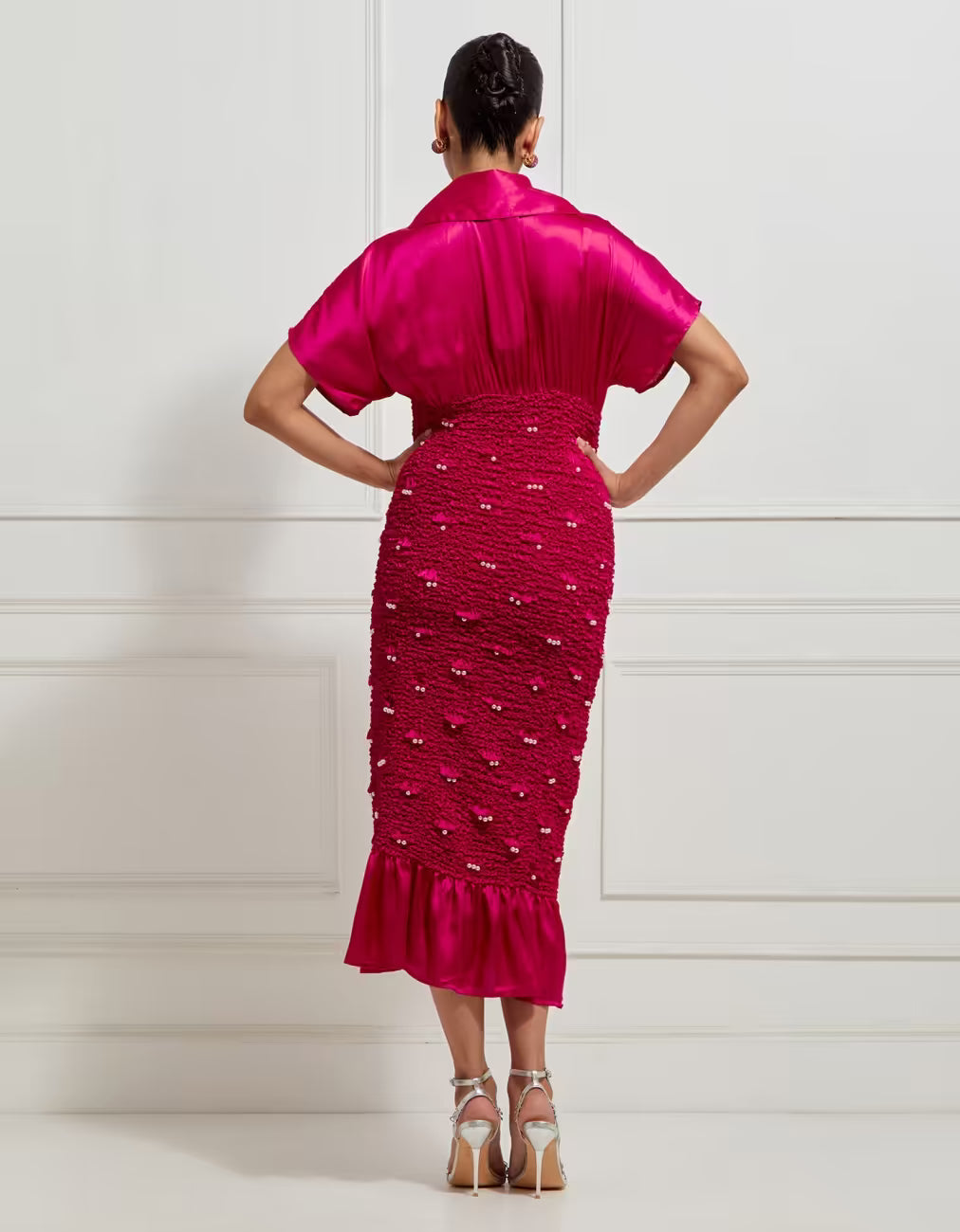 Body Con Winged Wave Smocked Dress In Pink