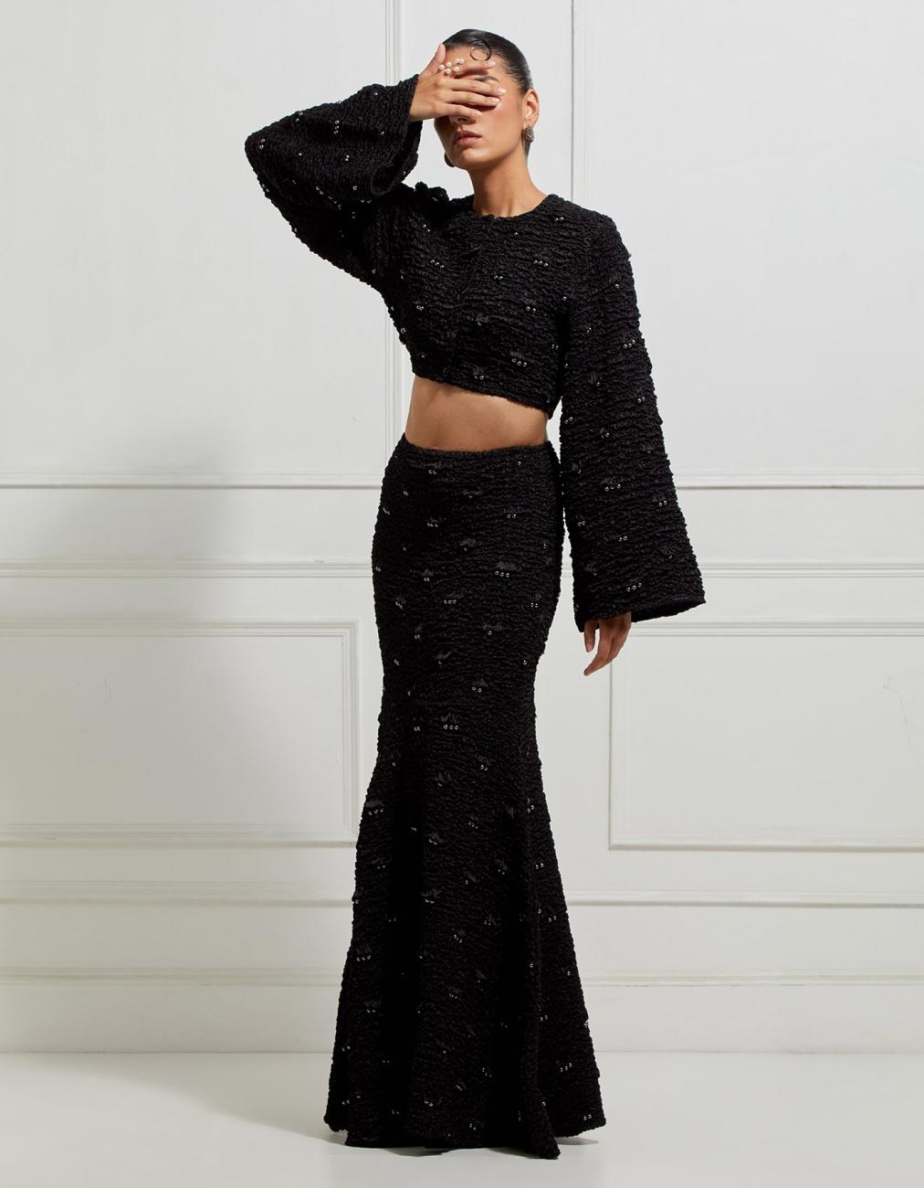 Wave-Smocked Cropped Long Sleeved Jacket In Black