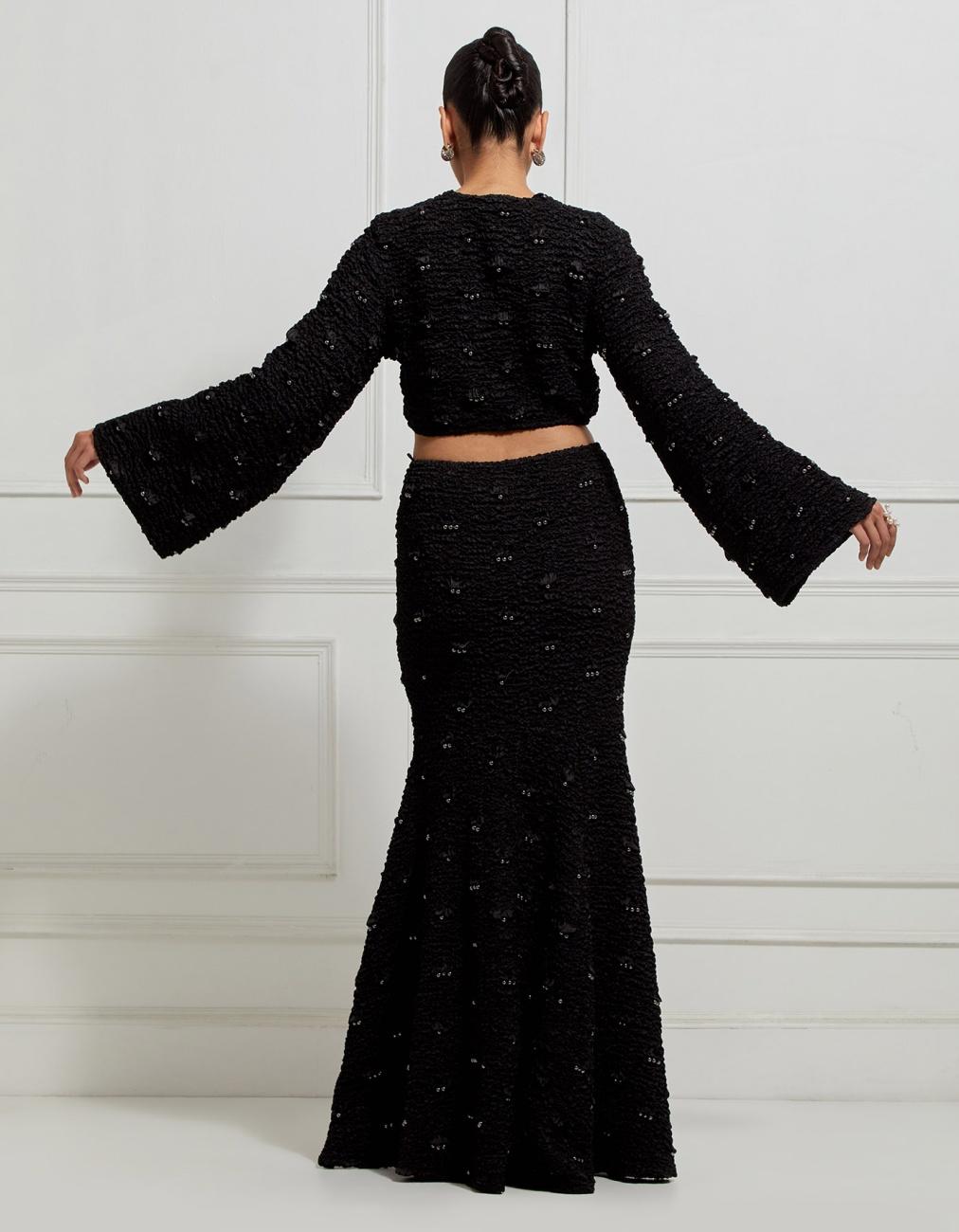 Wave-Smocked Cropped Long Sleeved Jacket In Black