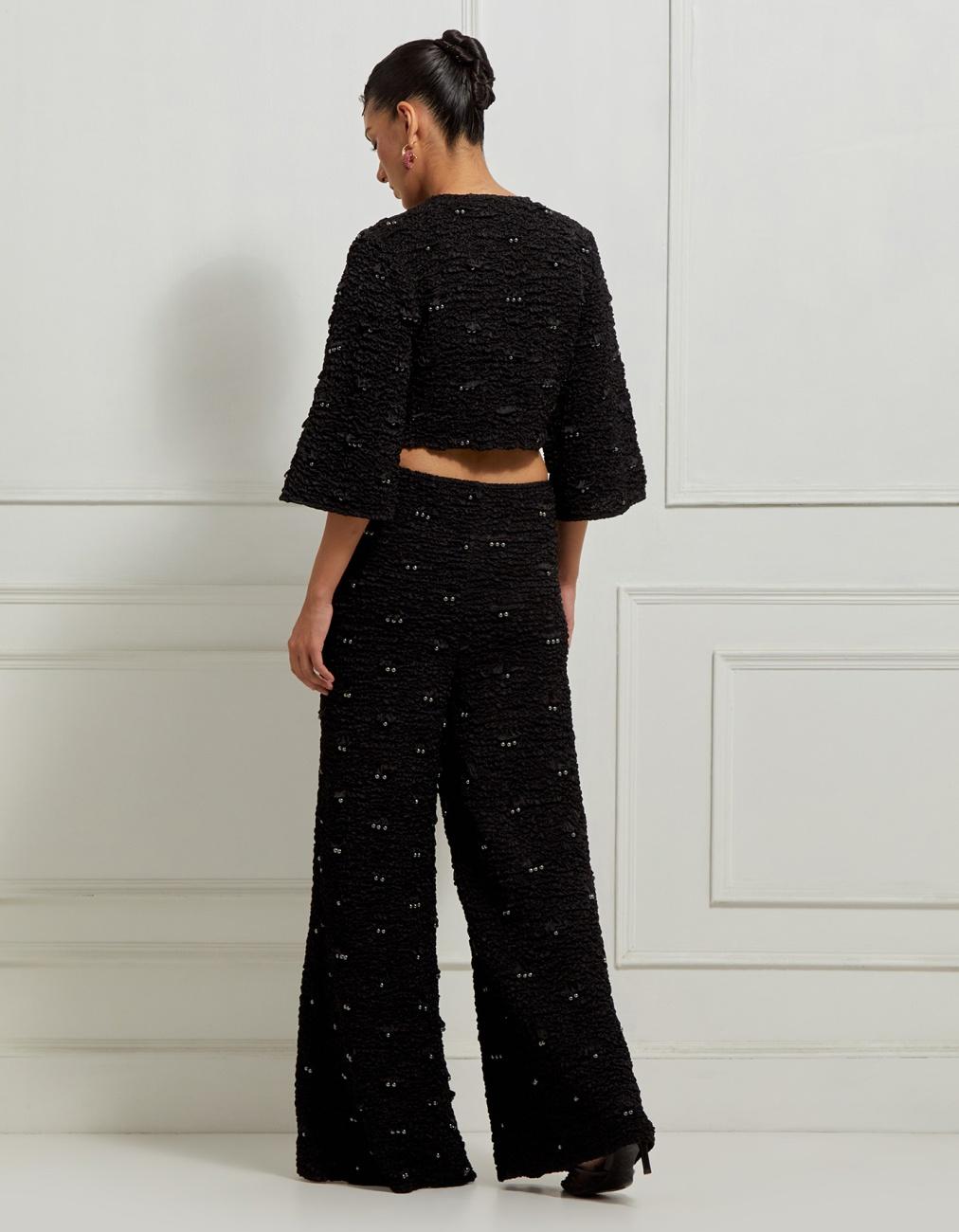 Wave-Smocked Cropped Short Sleeved Jacket In Black