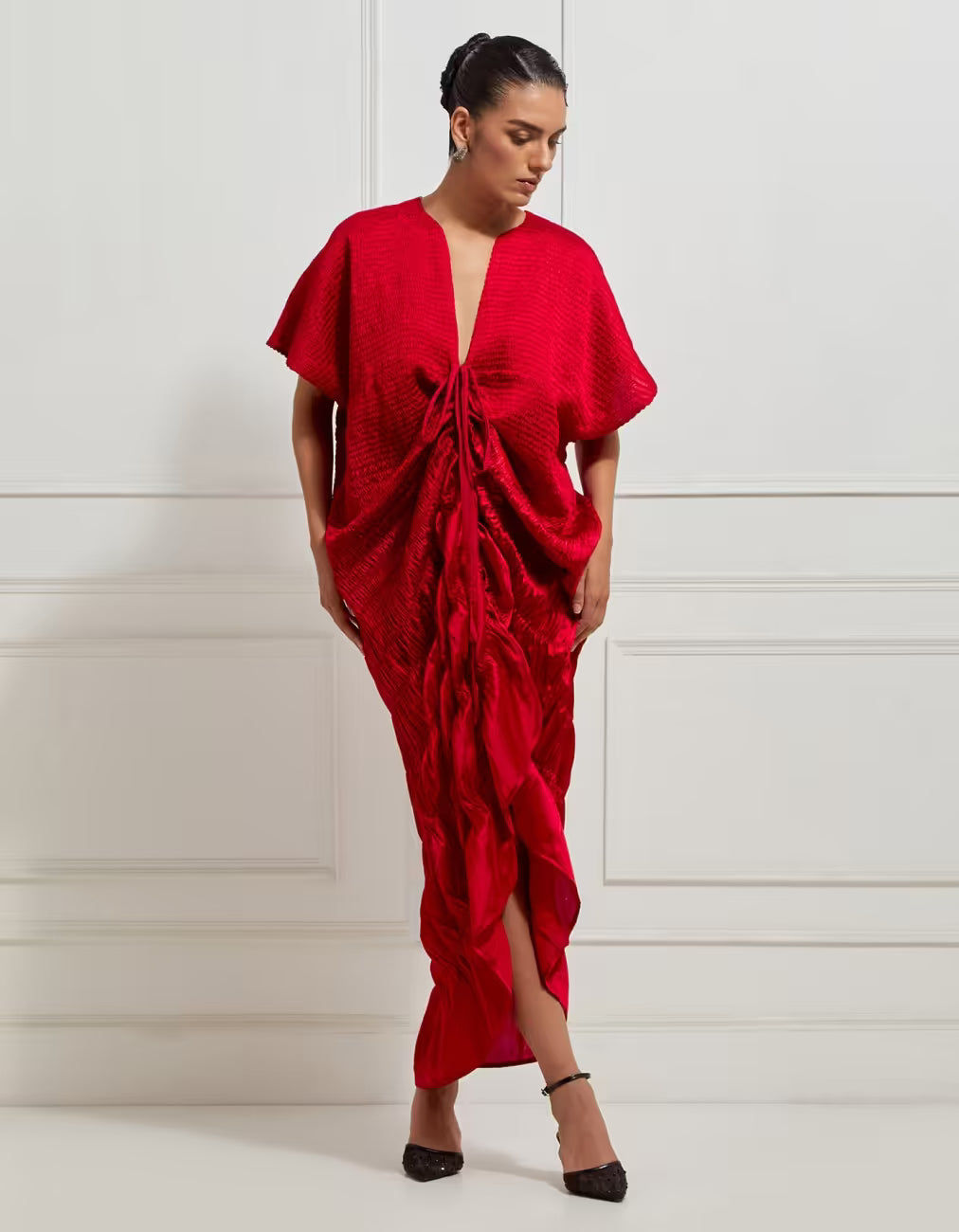 Sculptural Scale Smocked Kaftan Dress In Red