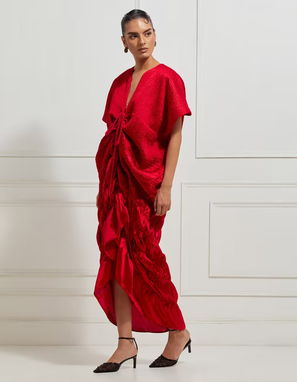 Sculptural Scale Smocked Kaftan Dress In Red