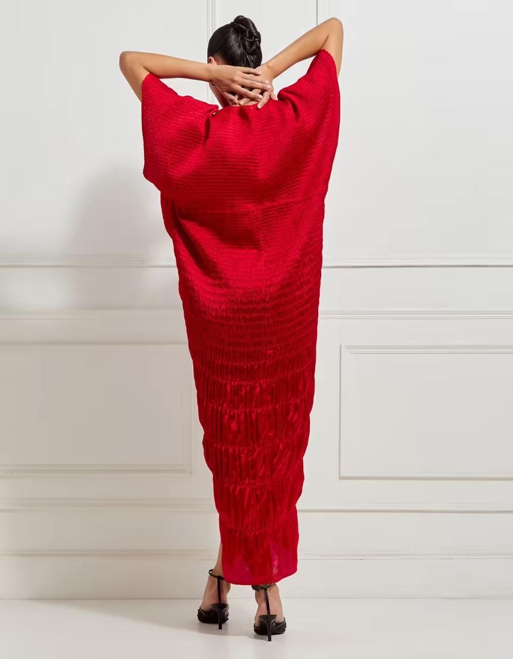 Sculptural Scale Smocked Kaftan Dress In Red