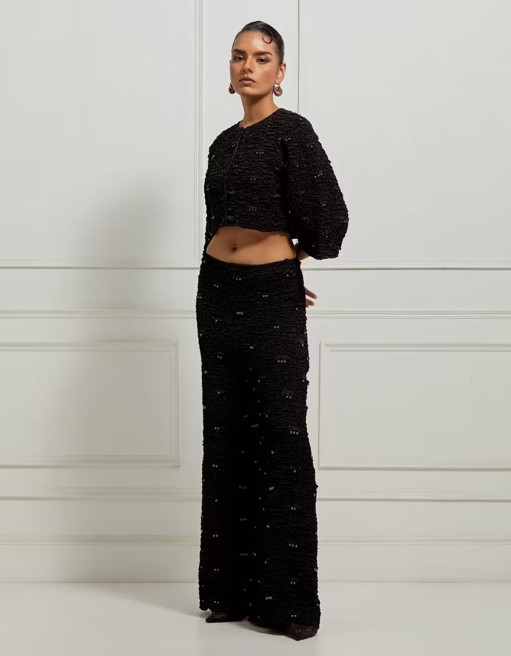 Wide-Leg Smocked Satin Pants In Black